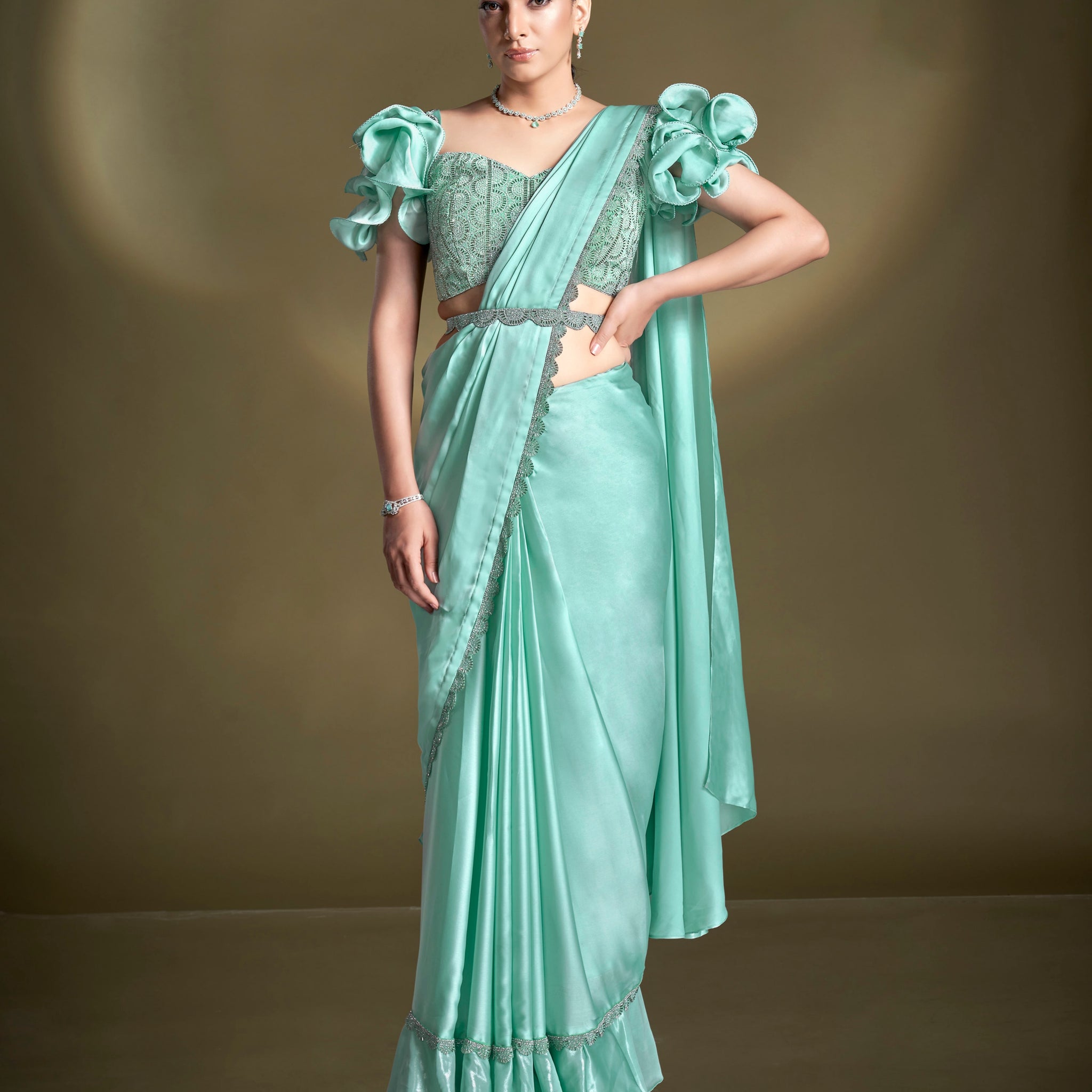 Mint Green Satin Silk Ready to Wear Saree with Ruffles and Embroidered Blouse

