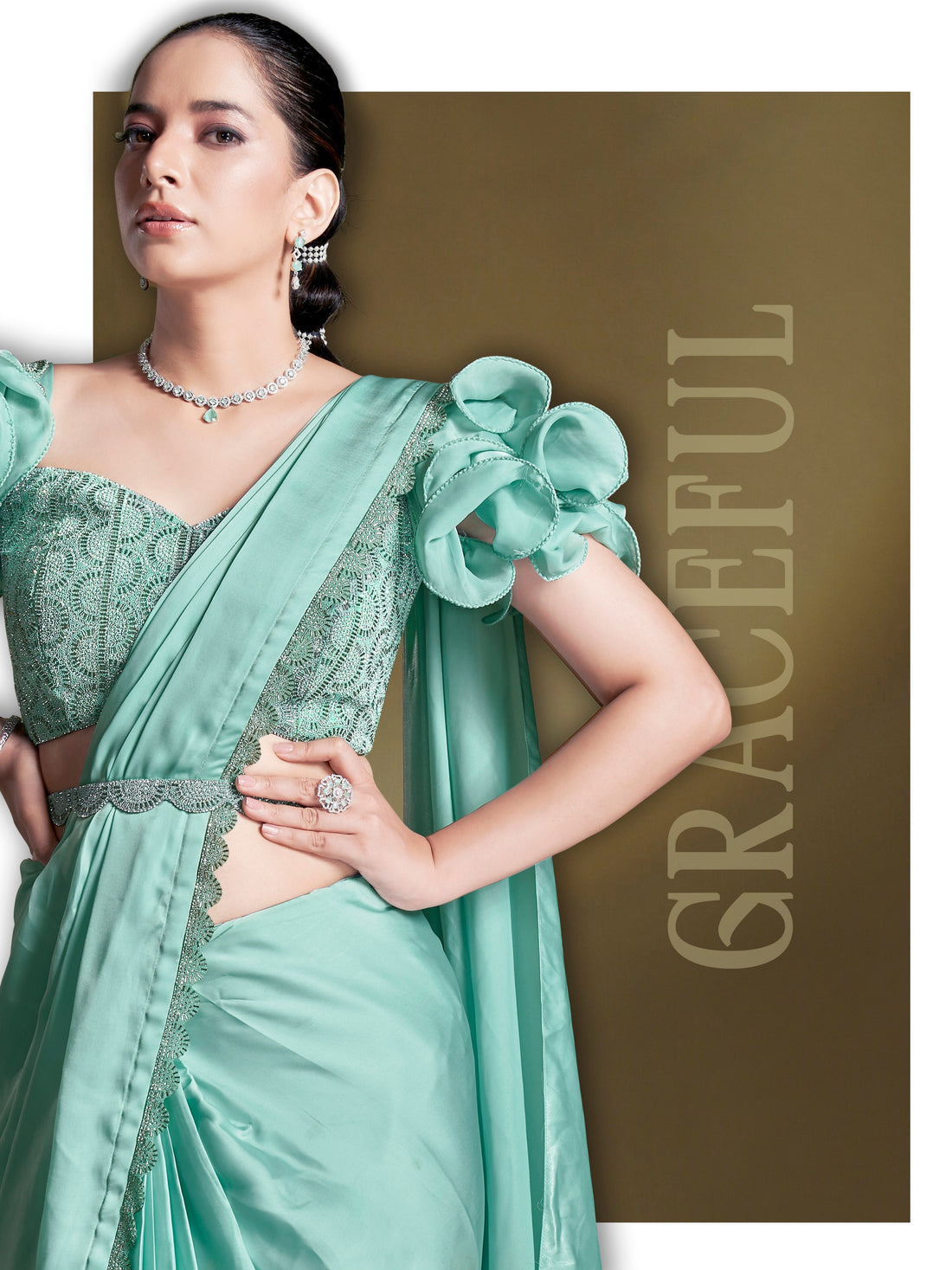Mint Green Satin Silk Ready to Wear Saree with Ruffles and Embroidered Blouse

