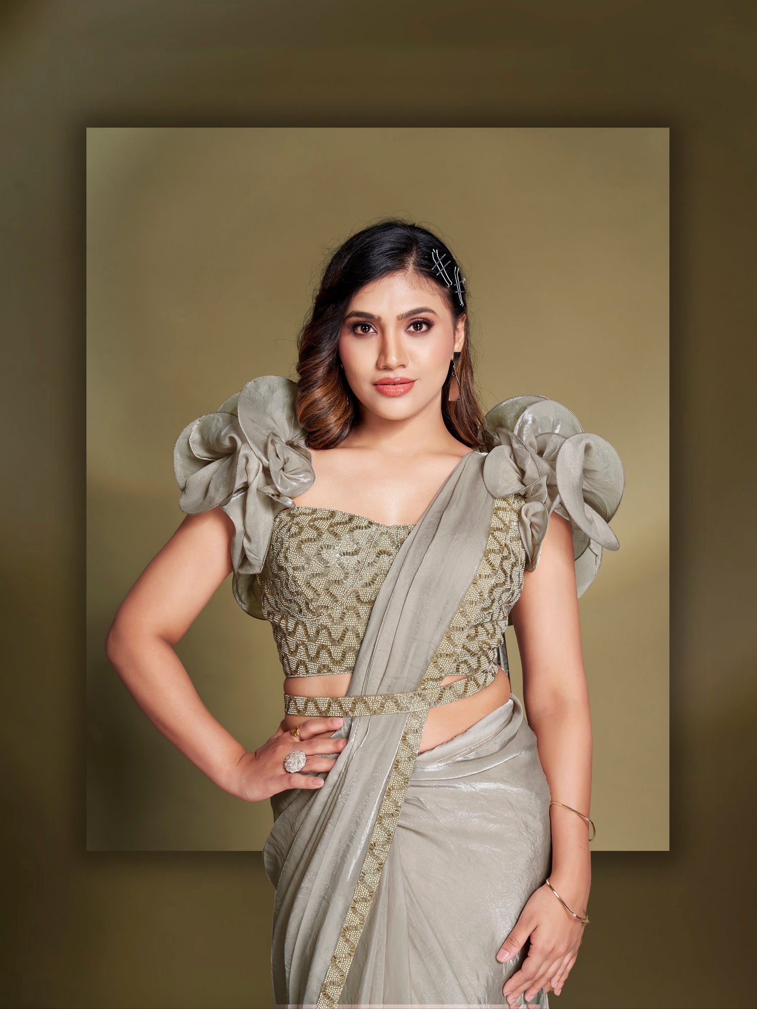 Elegant Beige Pre-Stitched Ruffle Saree for Weddings and Parties

