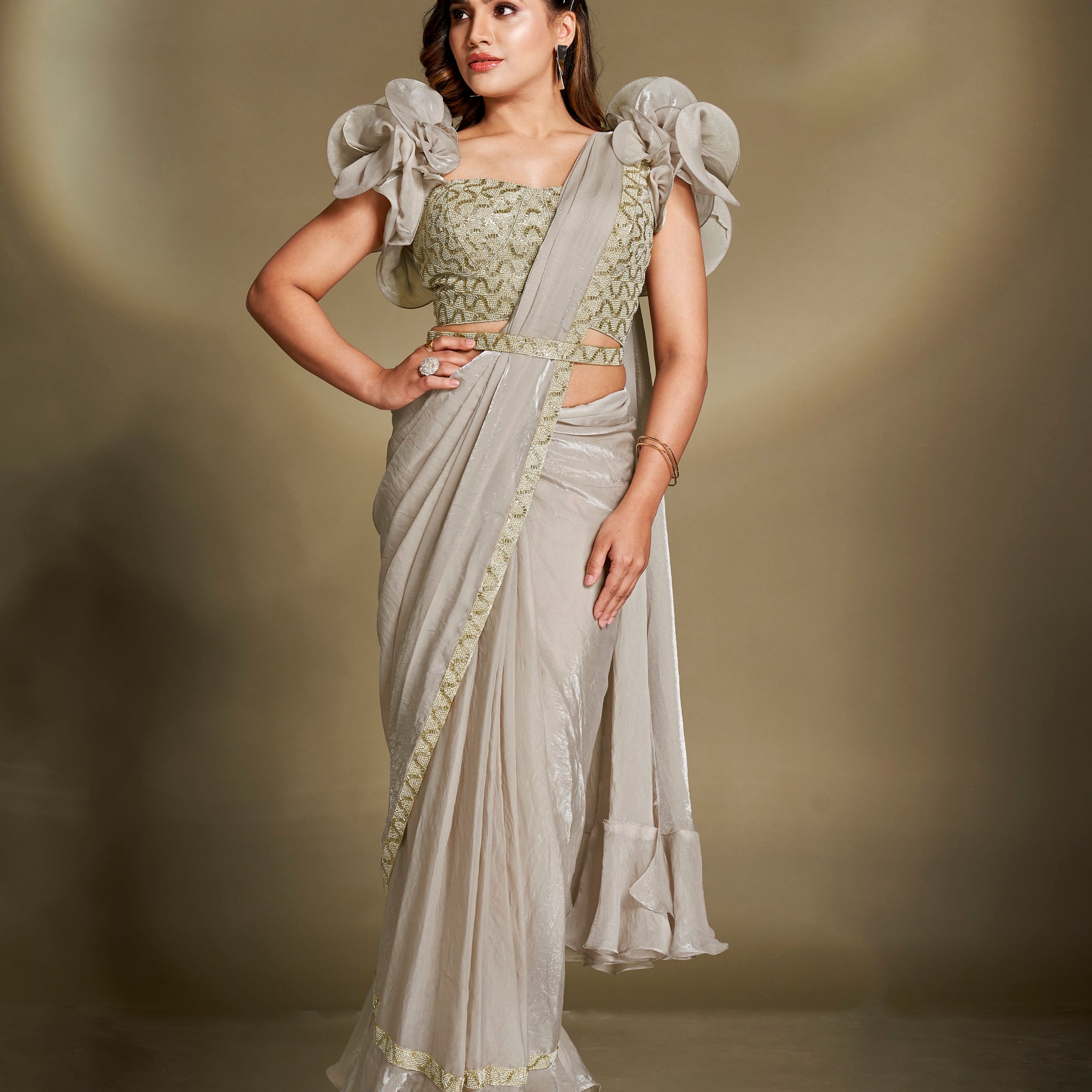 Beige Satin Silk Ready to Wear Saree with Embroidered Designer Blouse

