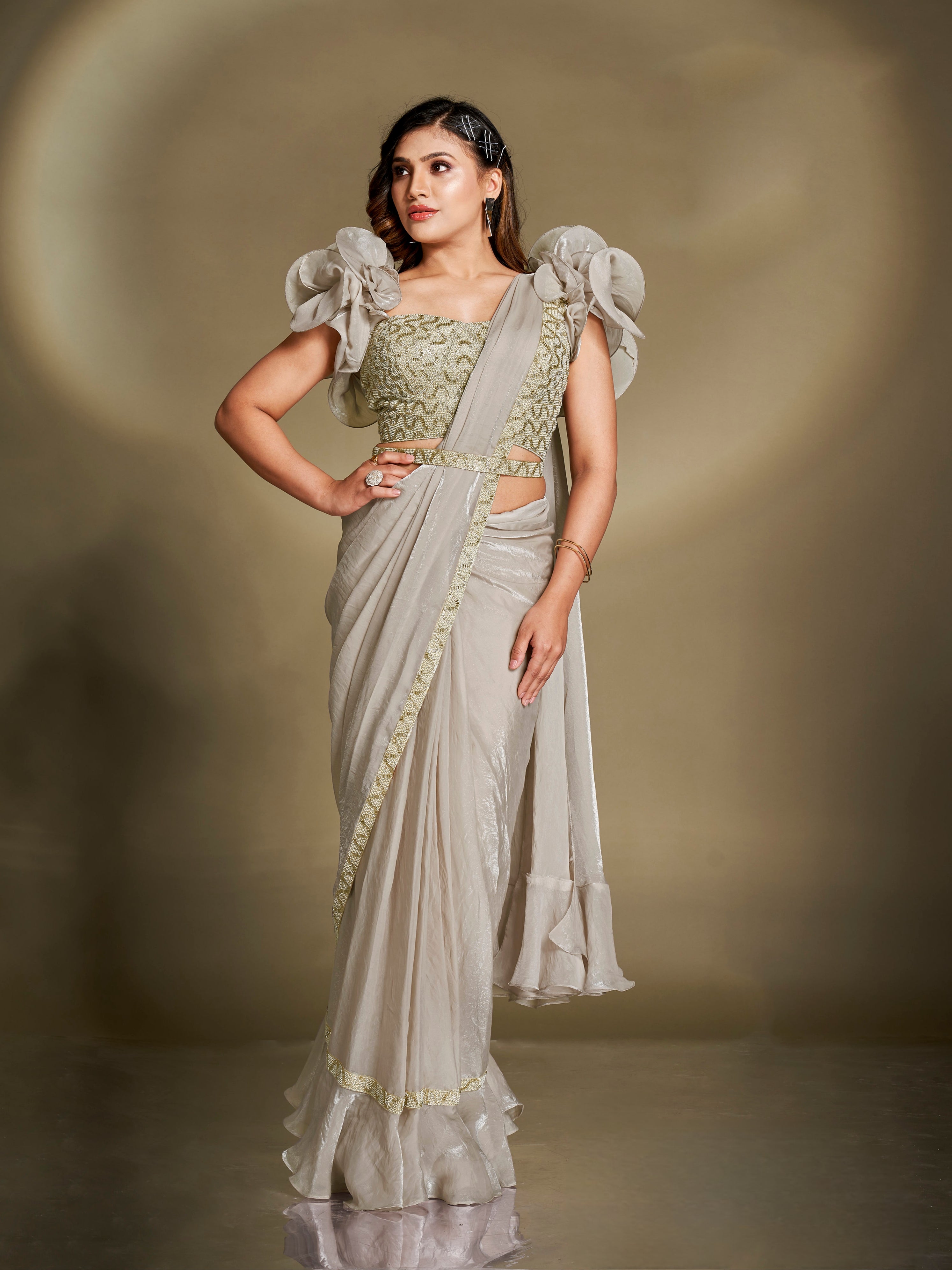 Beige Satin Silk Ready to Wear Saree with Embroidered Designer Blouse

