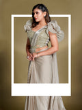 Wedding Wear Beige Ruffle Saree with Heavy Blouse

