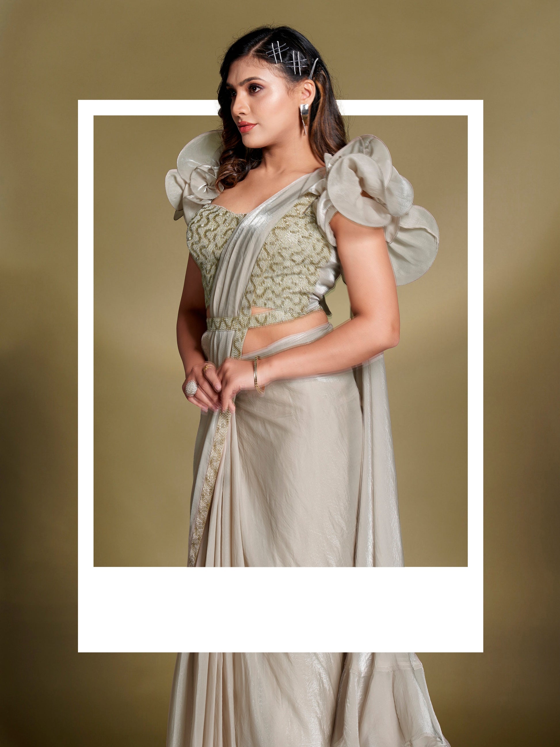 Wedding Wear Beige Ruffle Saree with Heavy Blouse

