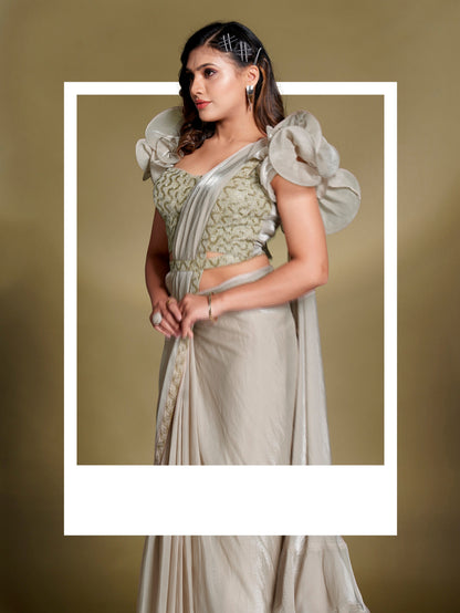 Wedding Wear Beige Ruffle Saree with Heavy Blouse

