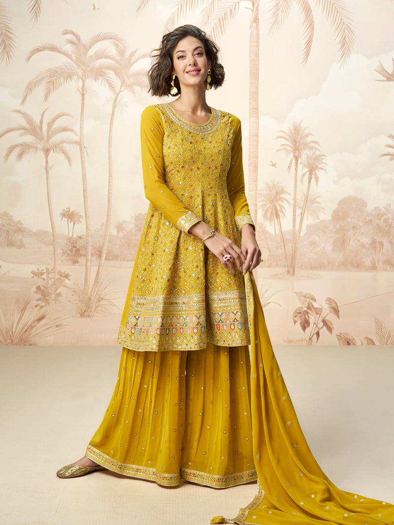 Full view of mustard yellow stitched ethnic outfit