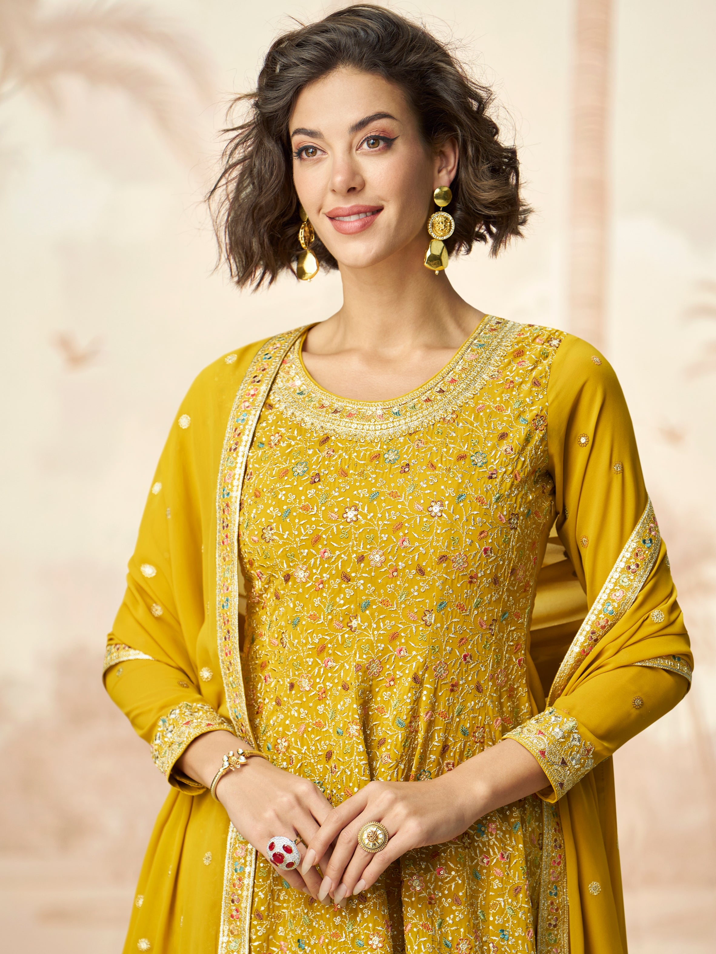 Traditional mustard sharara suit set for haldi or festive wear