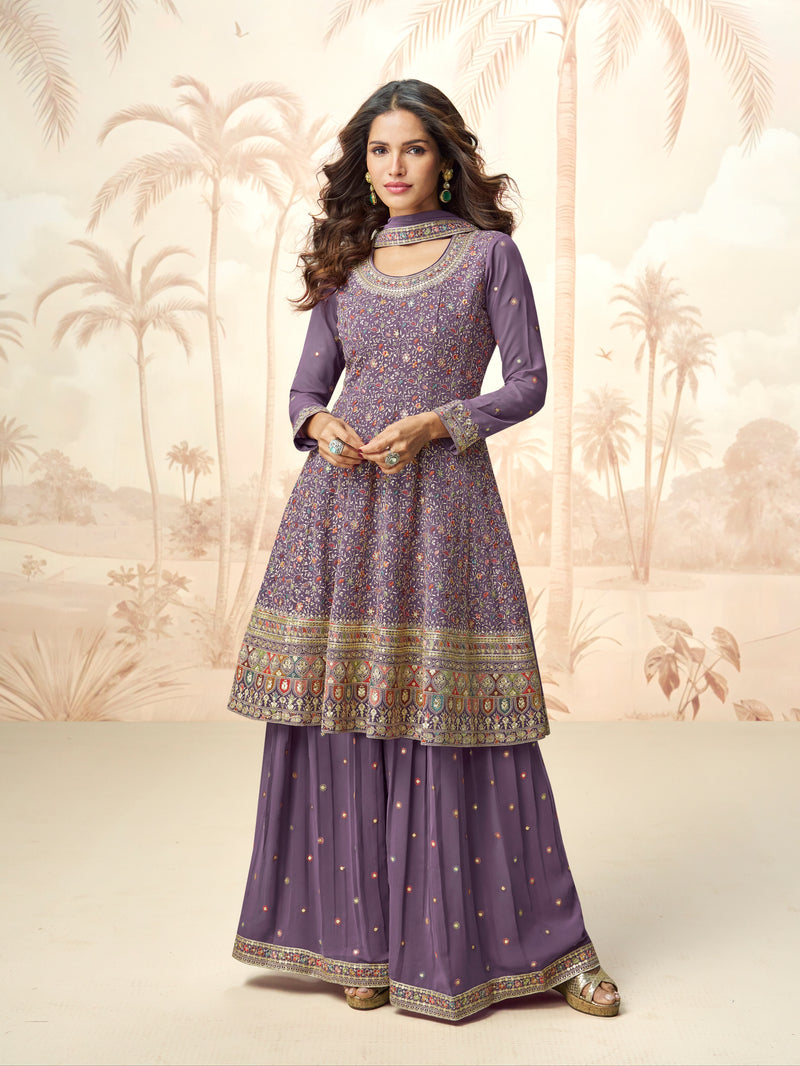Lavender embroidered georgette sharara suit with flared kurti