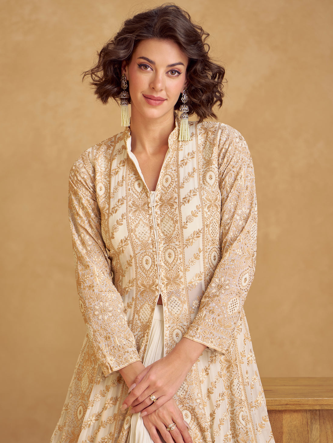 Beige embroidered Anarkali suit with dupatta for women