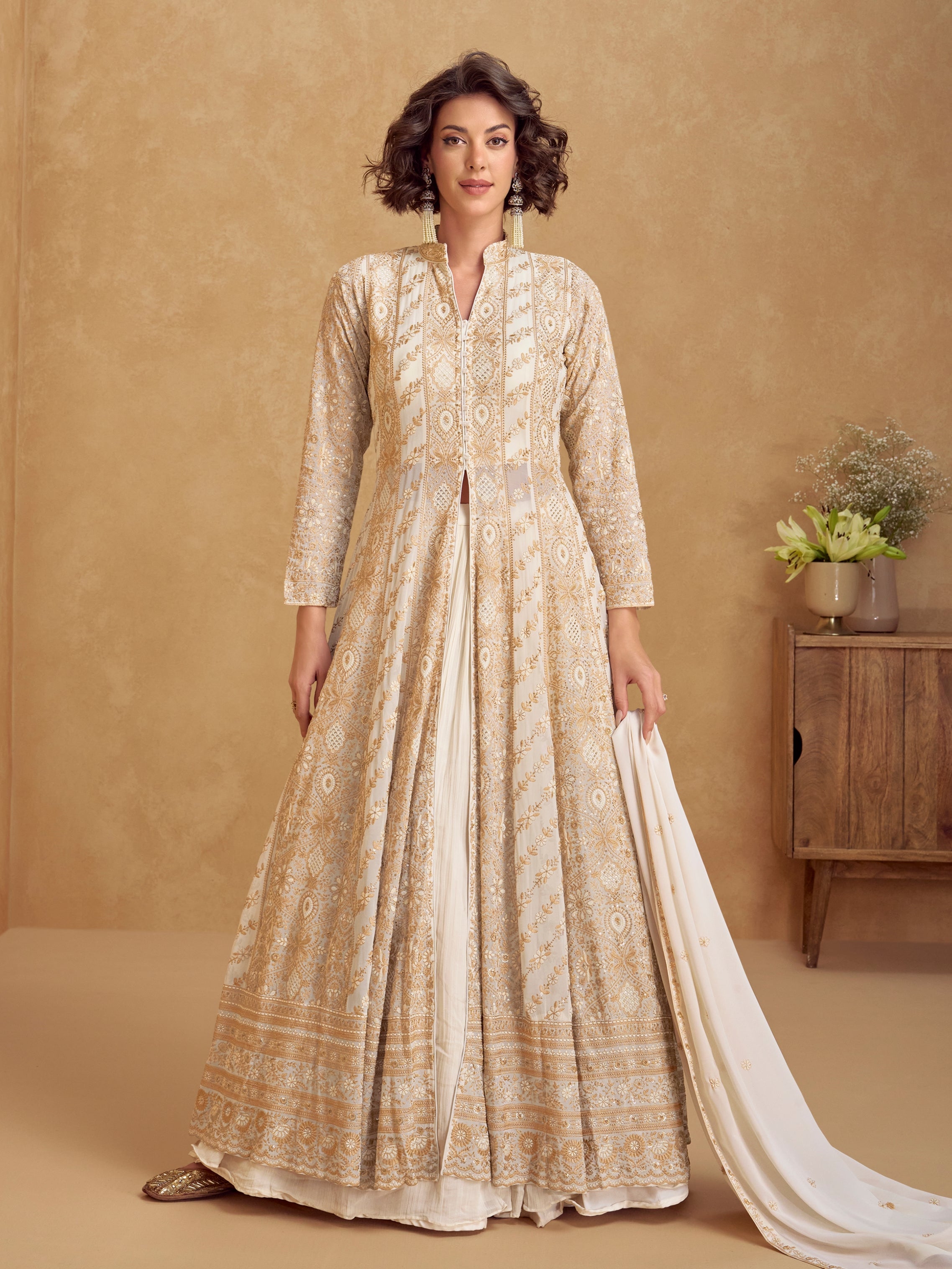 Beige embroidered Anarkali suit with dupatta for women