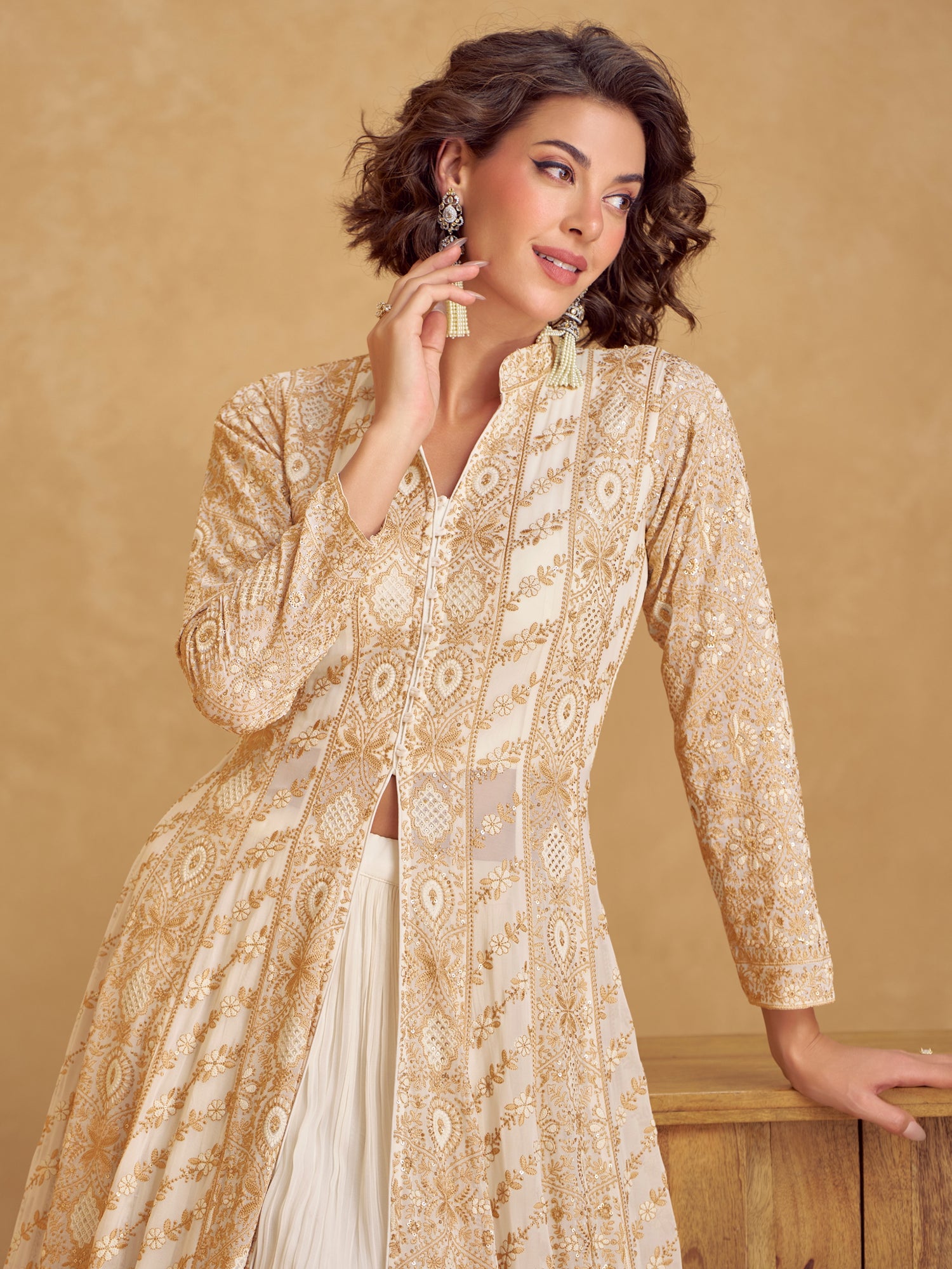 beige anarkali dress Beige Sequin Embroidered Long Jacket, Anarkali Dress and Churidar Set main image 1
