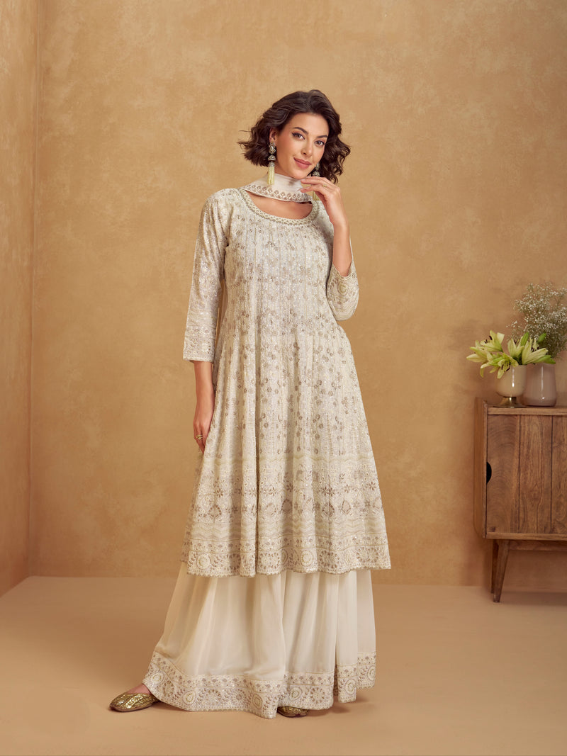 Off-white sharara suit with georgette embroidery