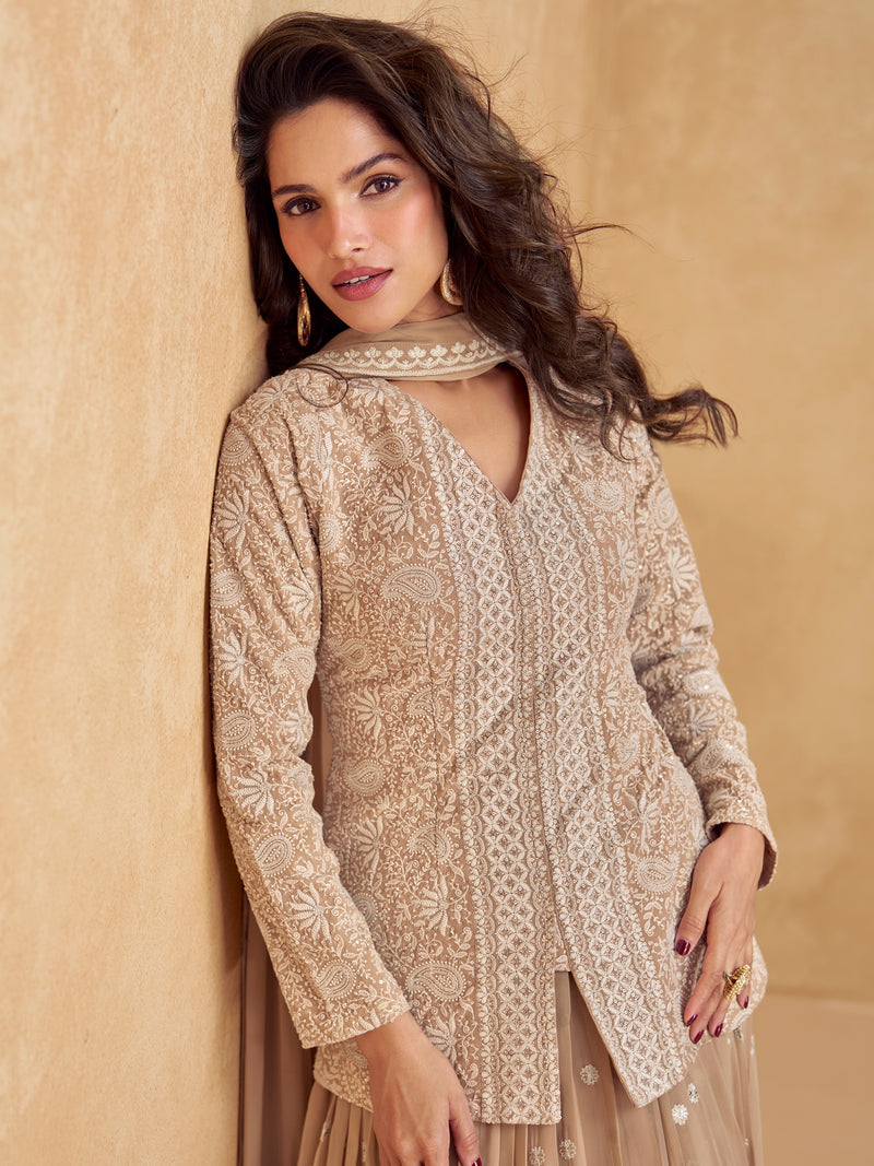Taupe embroidered sharara for festive wear
