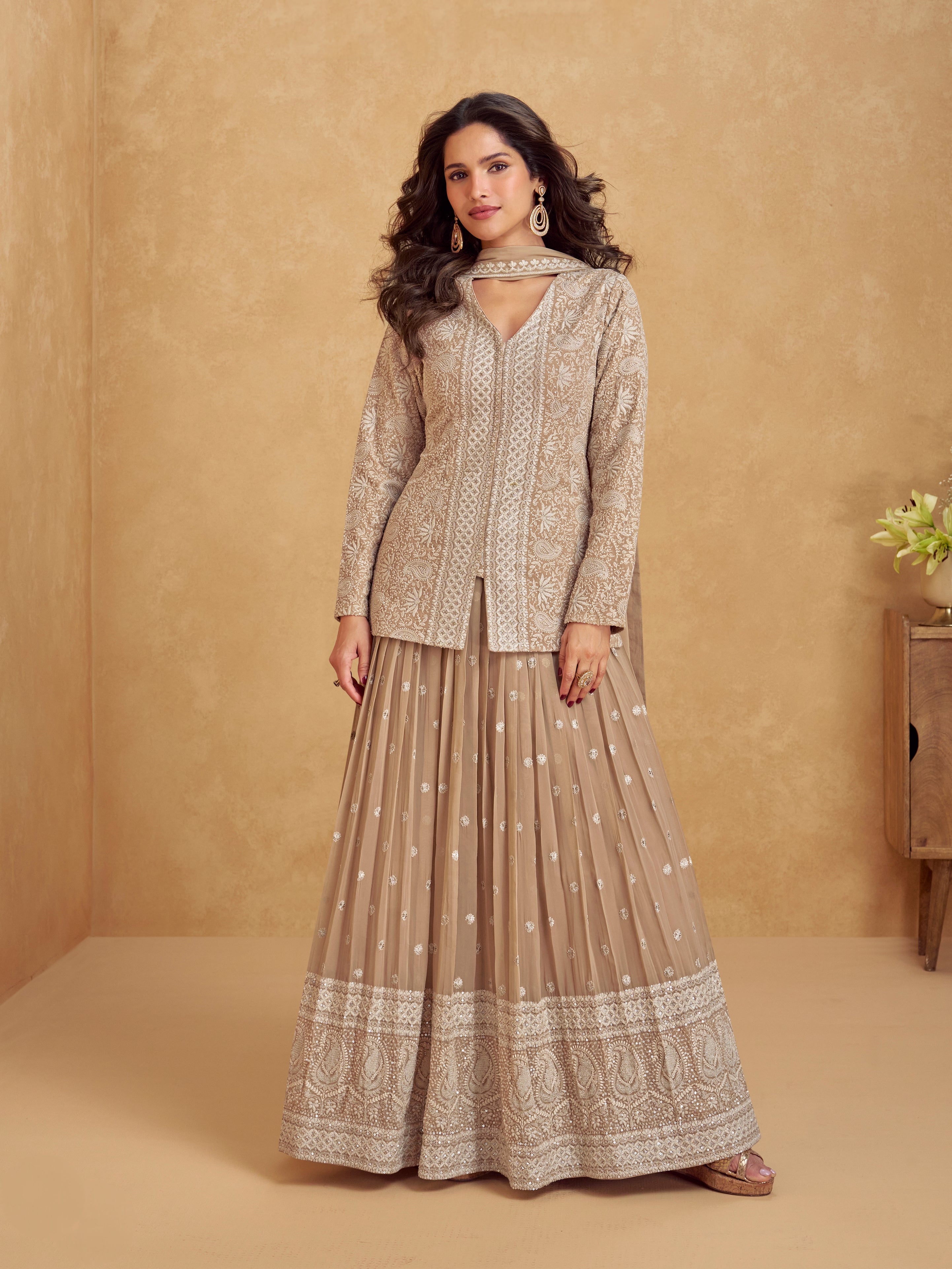 Taupe georgette sharara suit with embroidery