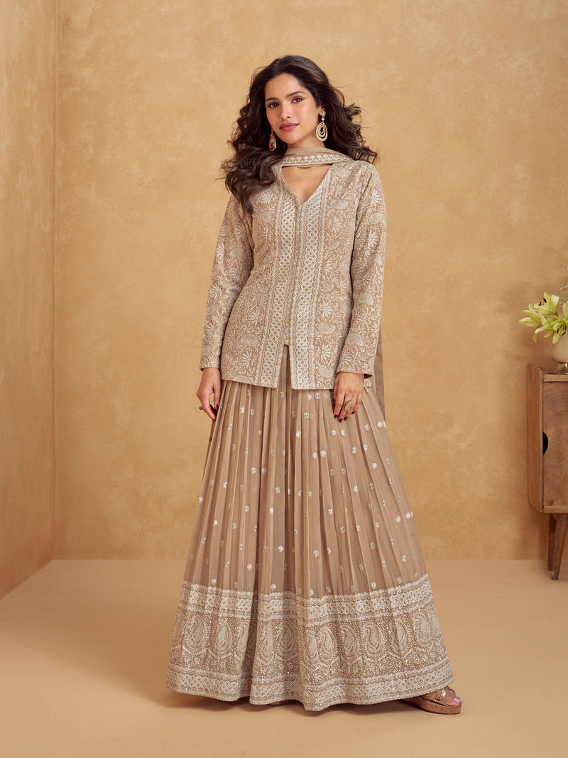 Taupe georgette sharara suit with embroidery