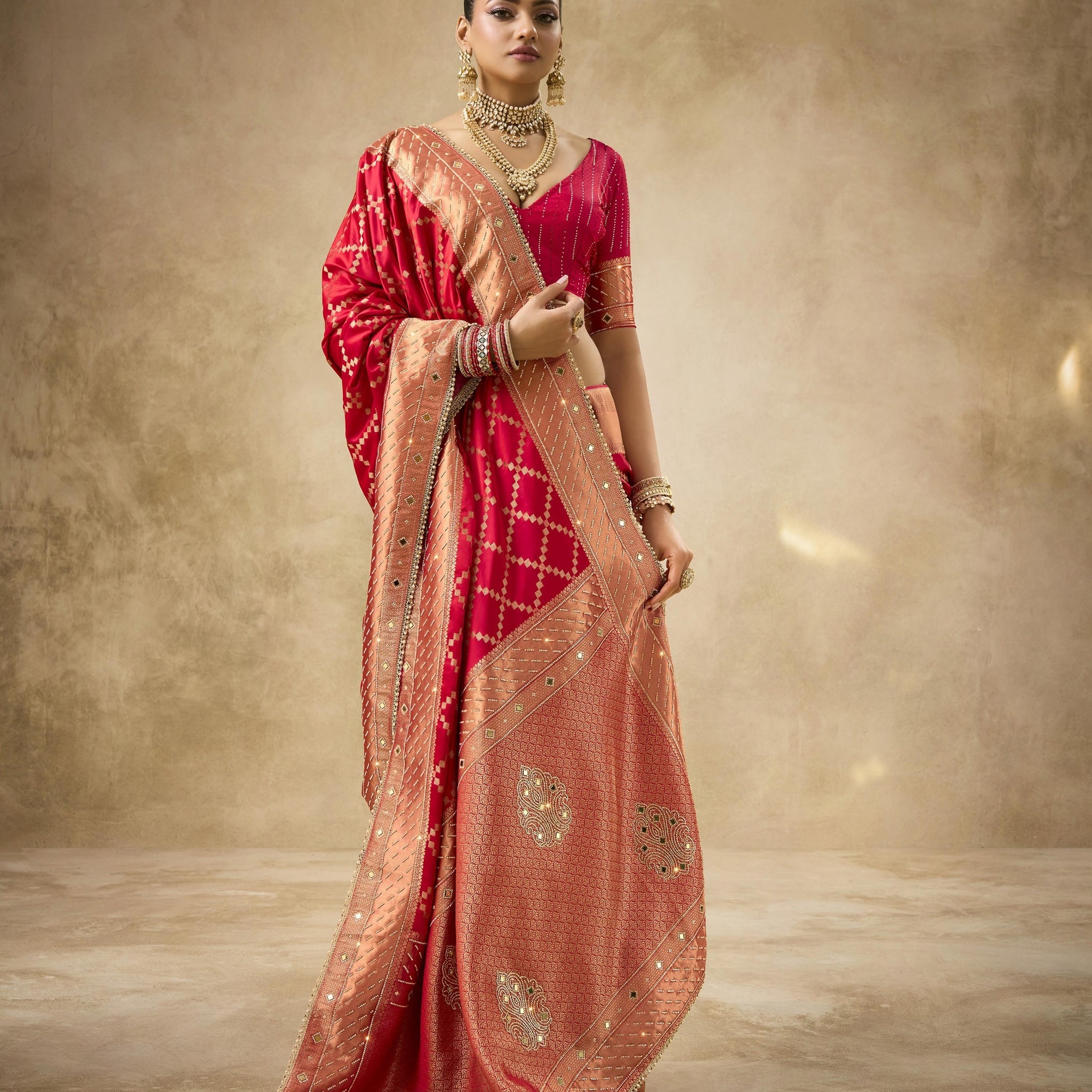 Red bridal saree with zardozi and zircon embroidery
