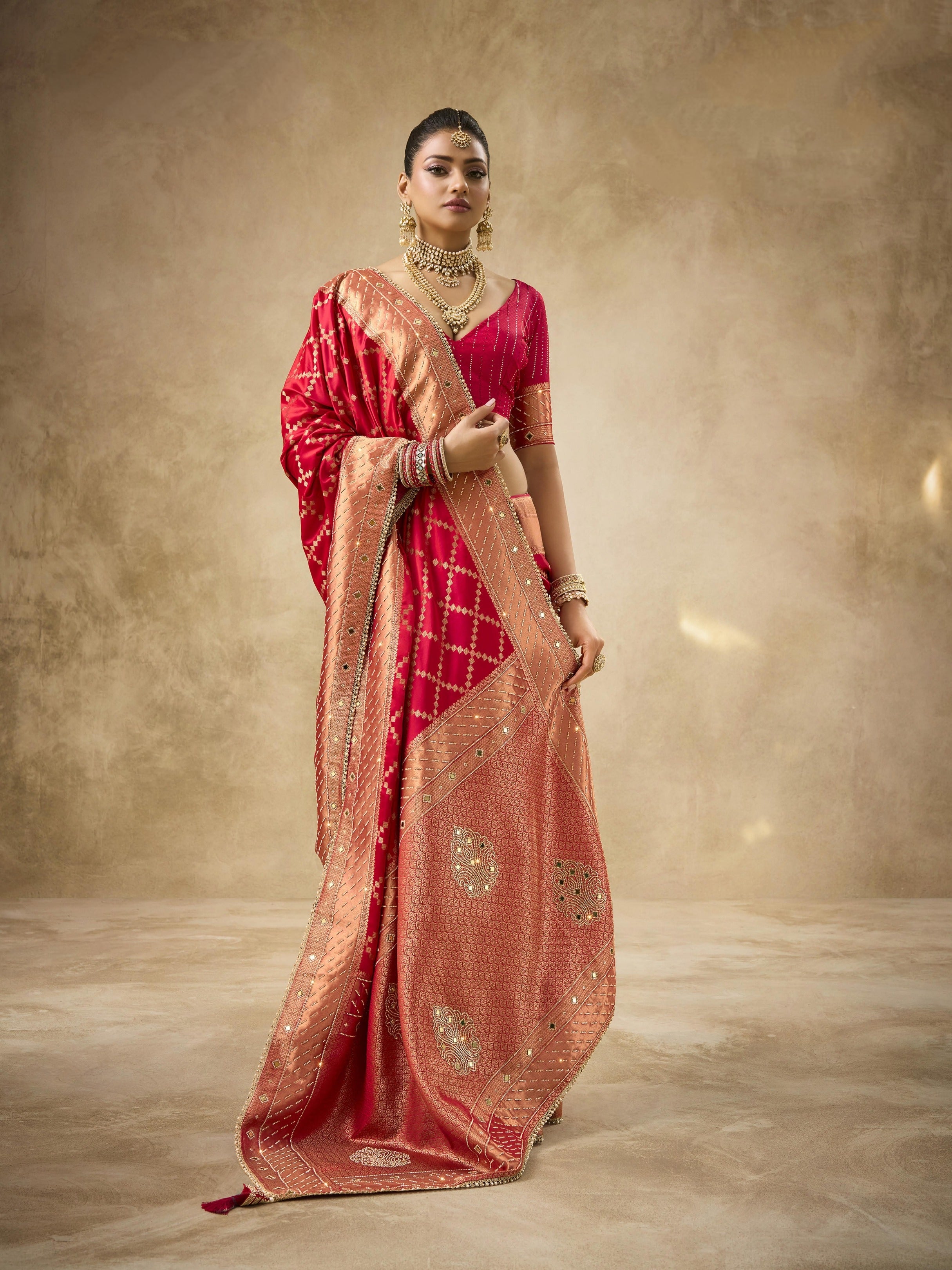 Red bridal saree with zardozi and zircon embroidery