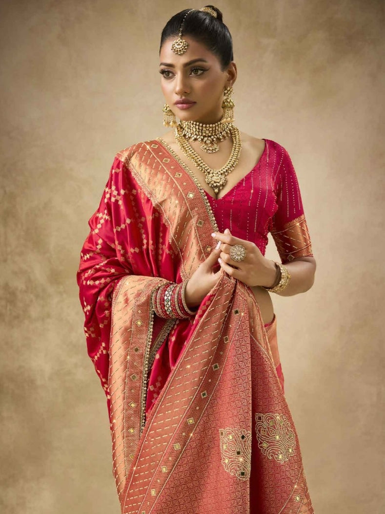 Red bridal saree with zardozi and zircon embroidery