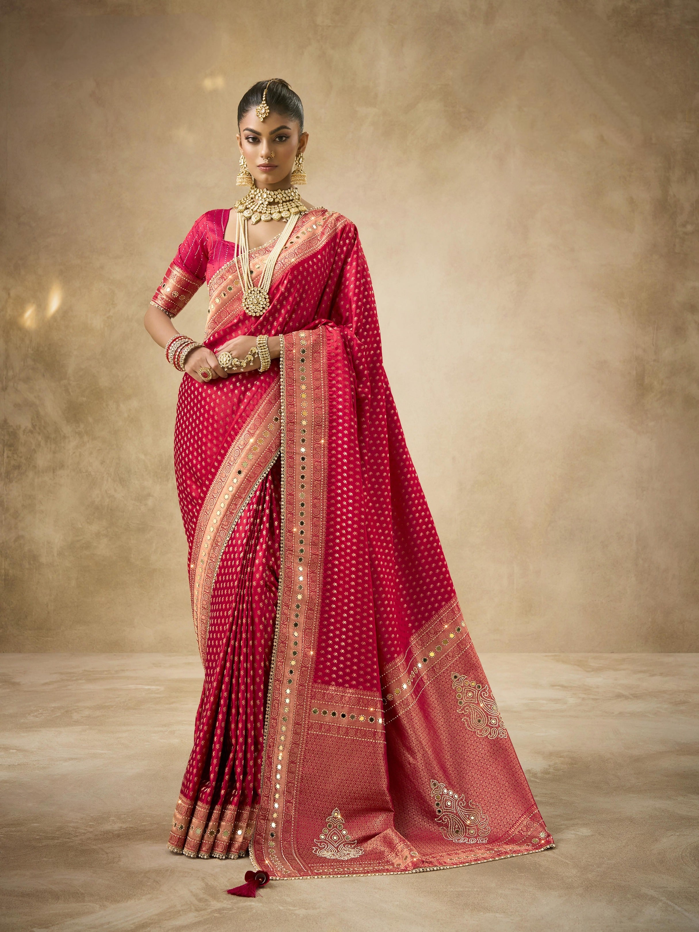 Red satin bridal saree with dotted design