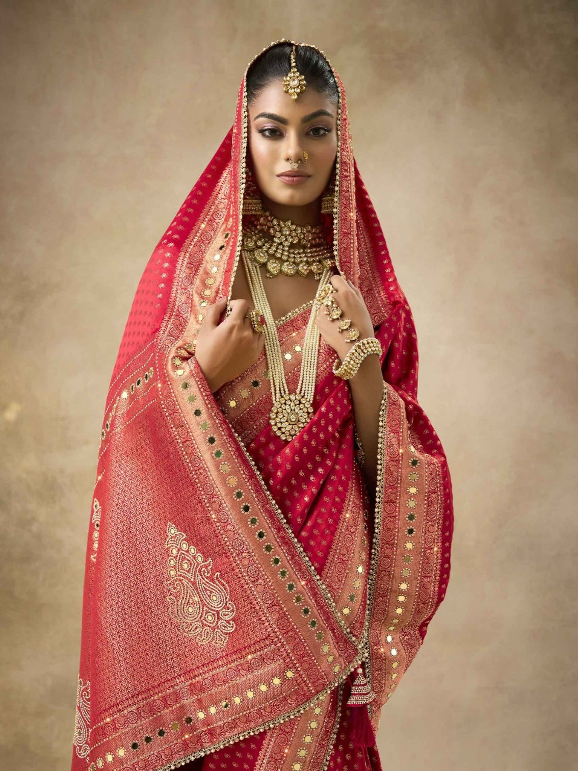 Designer bridal saree with unique dotted texture