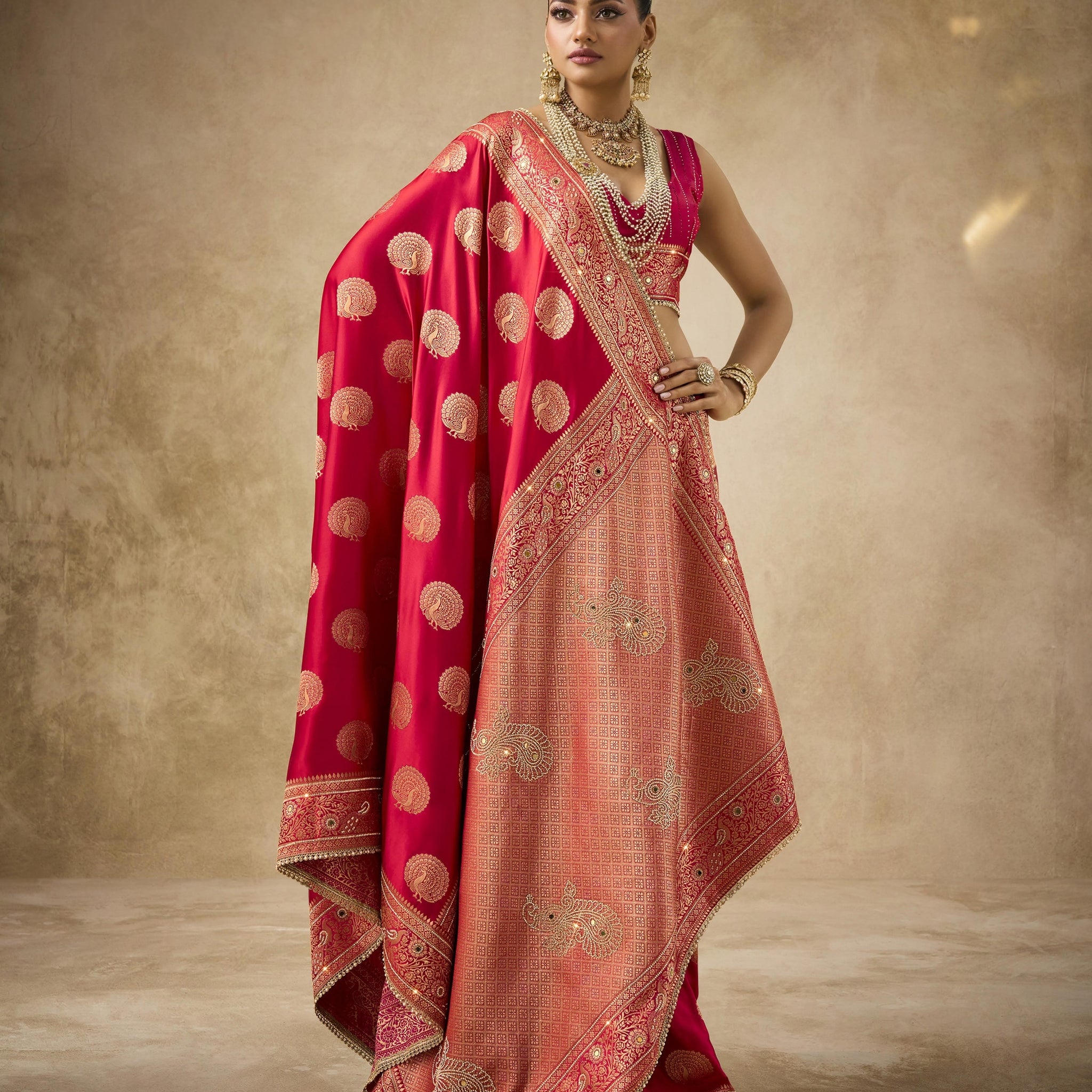 Red satin bridal saree with polka pallu