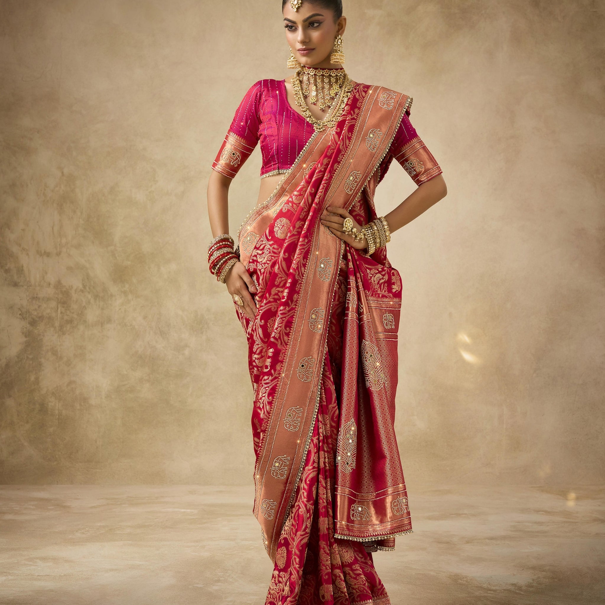 Red satin bridal saree with floral weave design