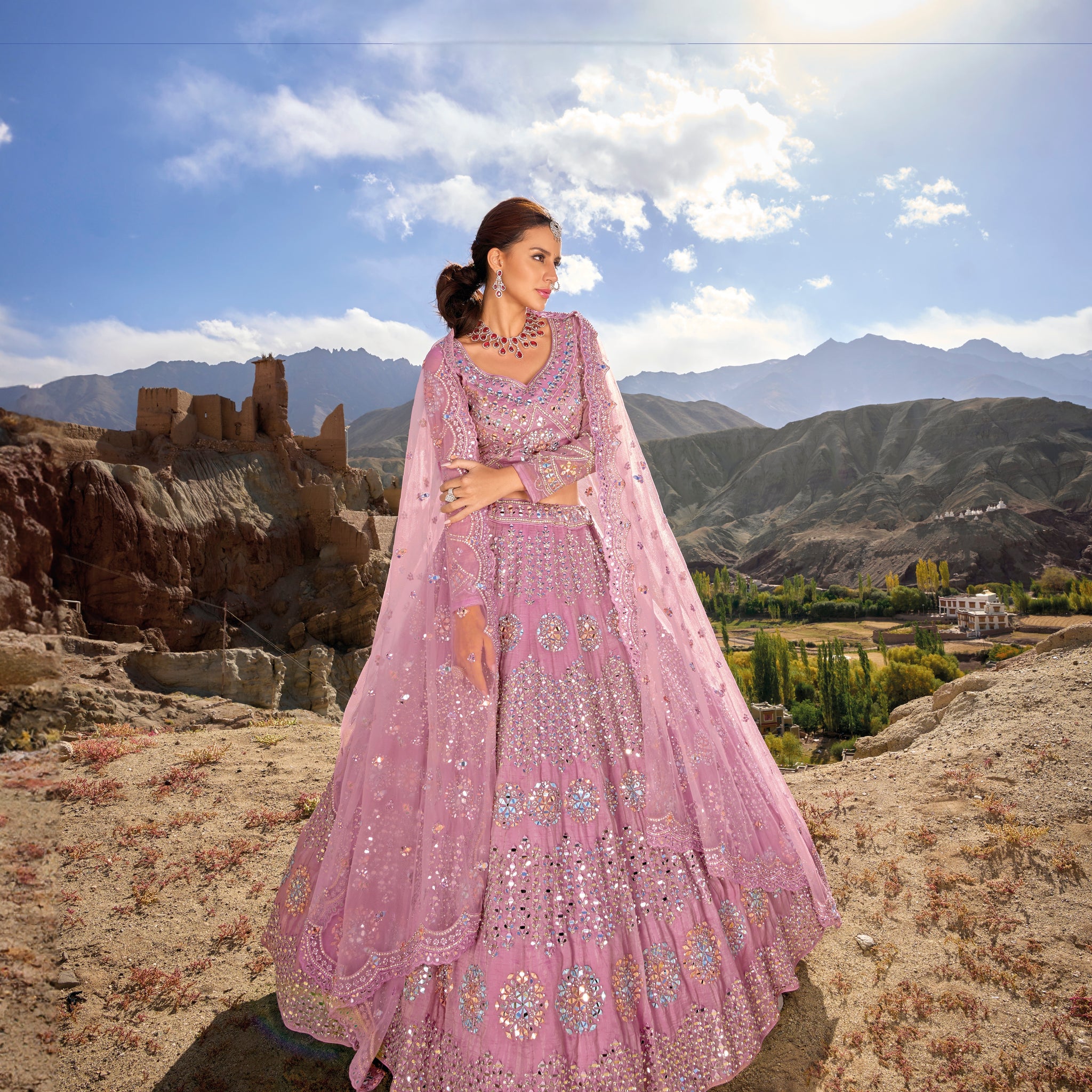 Lavender Organza Lehenga with Mirror Work and Zarkan