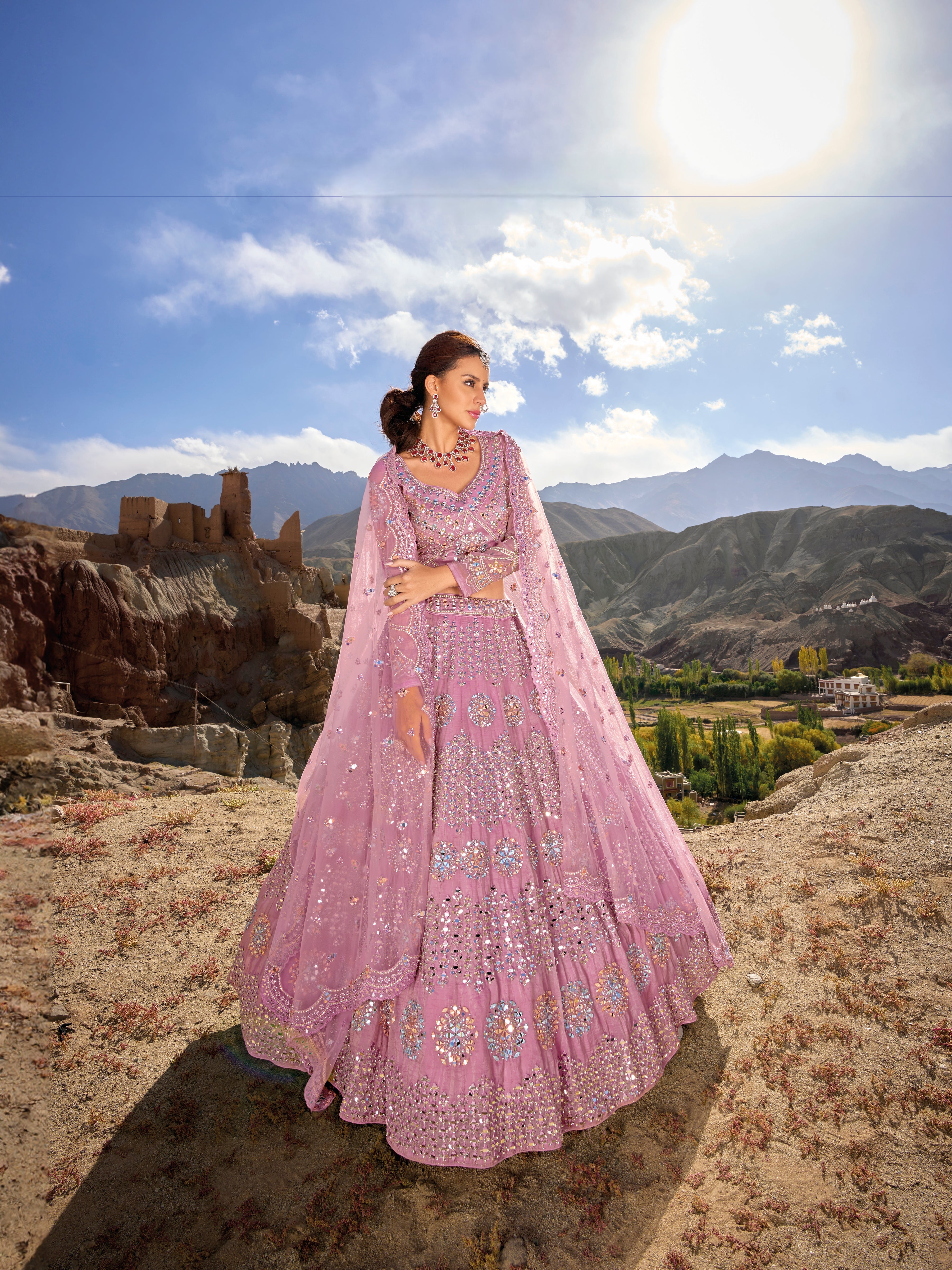 Lavender Organza Lehenga with Mirror Work and Zarkan