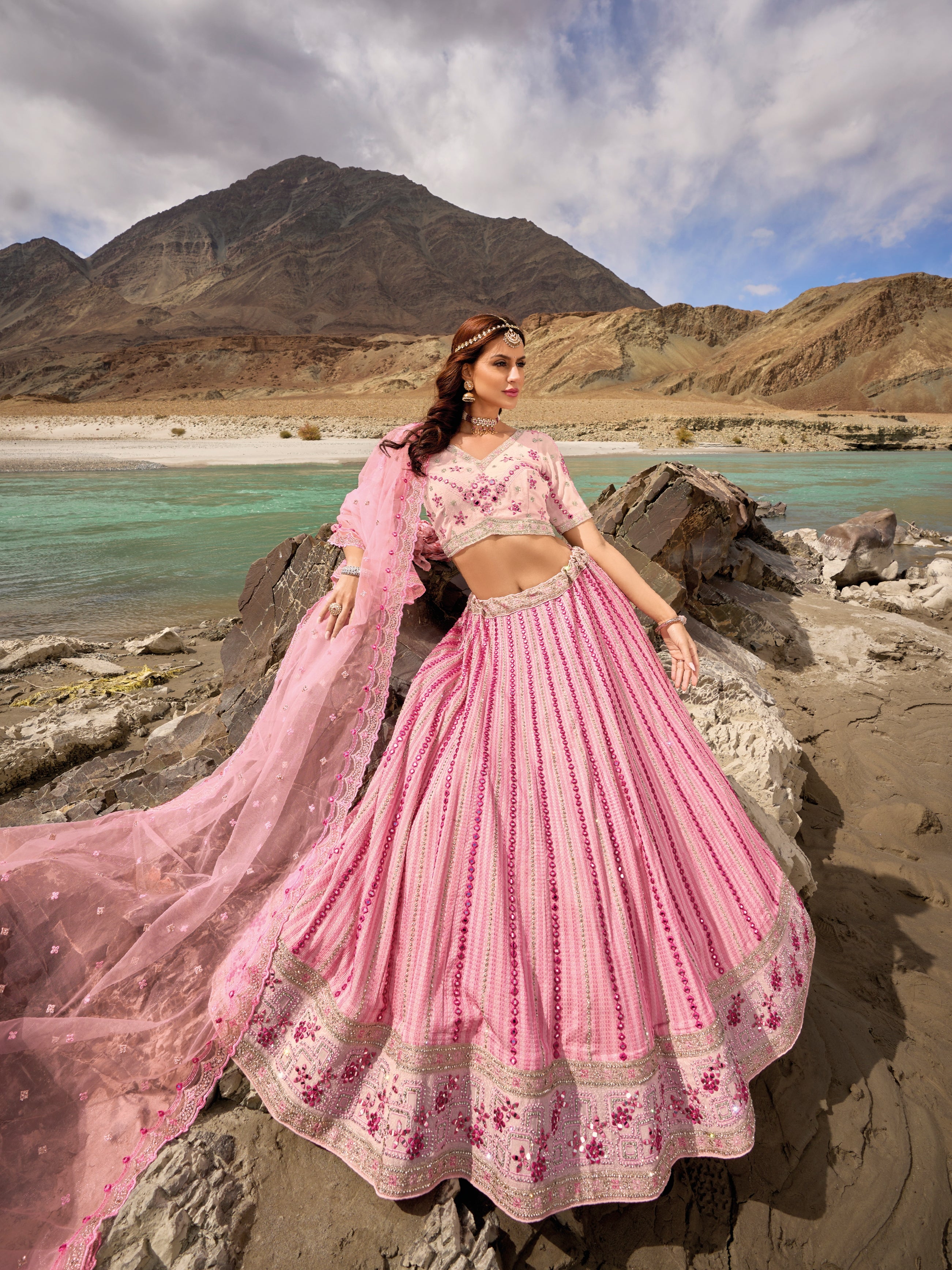 Pink Lehenga with Mirror and Zarkan Embroidery