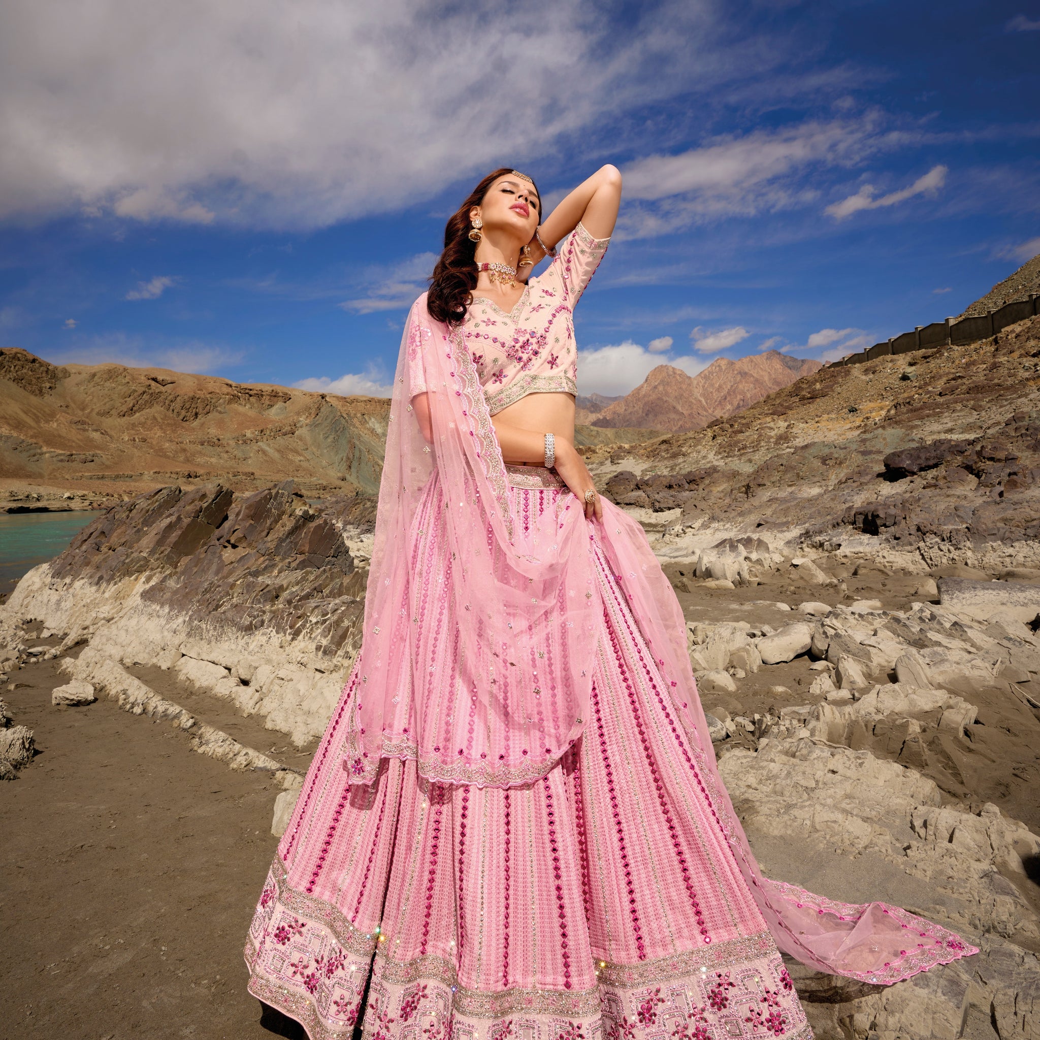 Baby Pink Georgette Lehenga Choli with Mirror Work