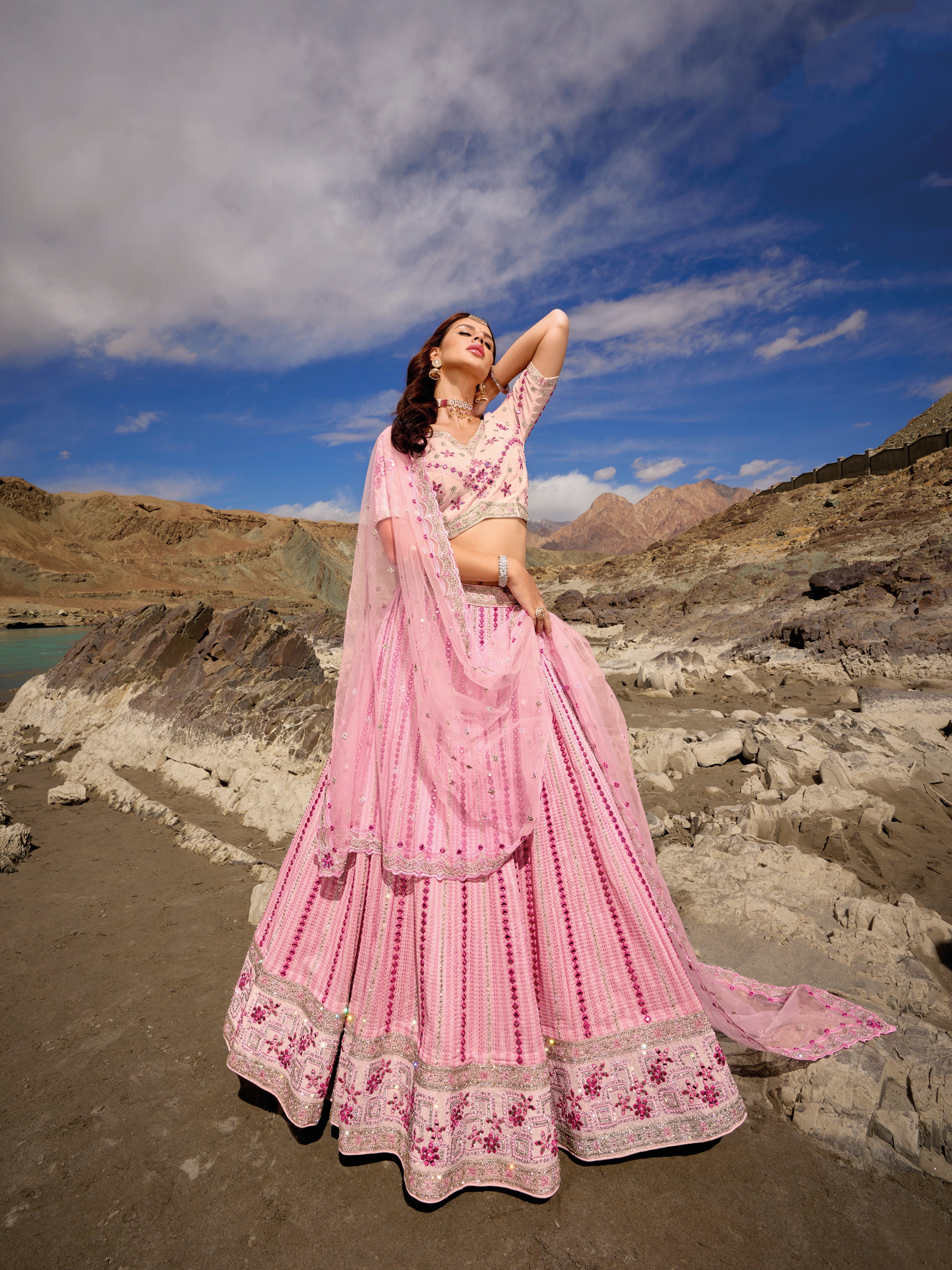 Baby Pink Georgette Lehenga Choli with Mirror Work