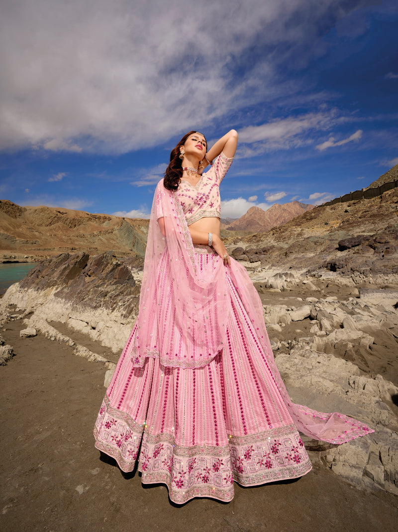 Baby Pink Georgette Lehenga Choli with Mirror Work