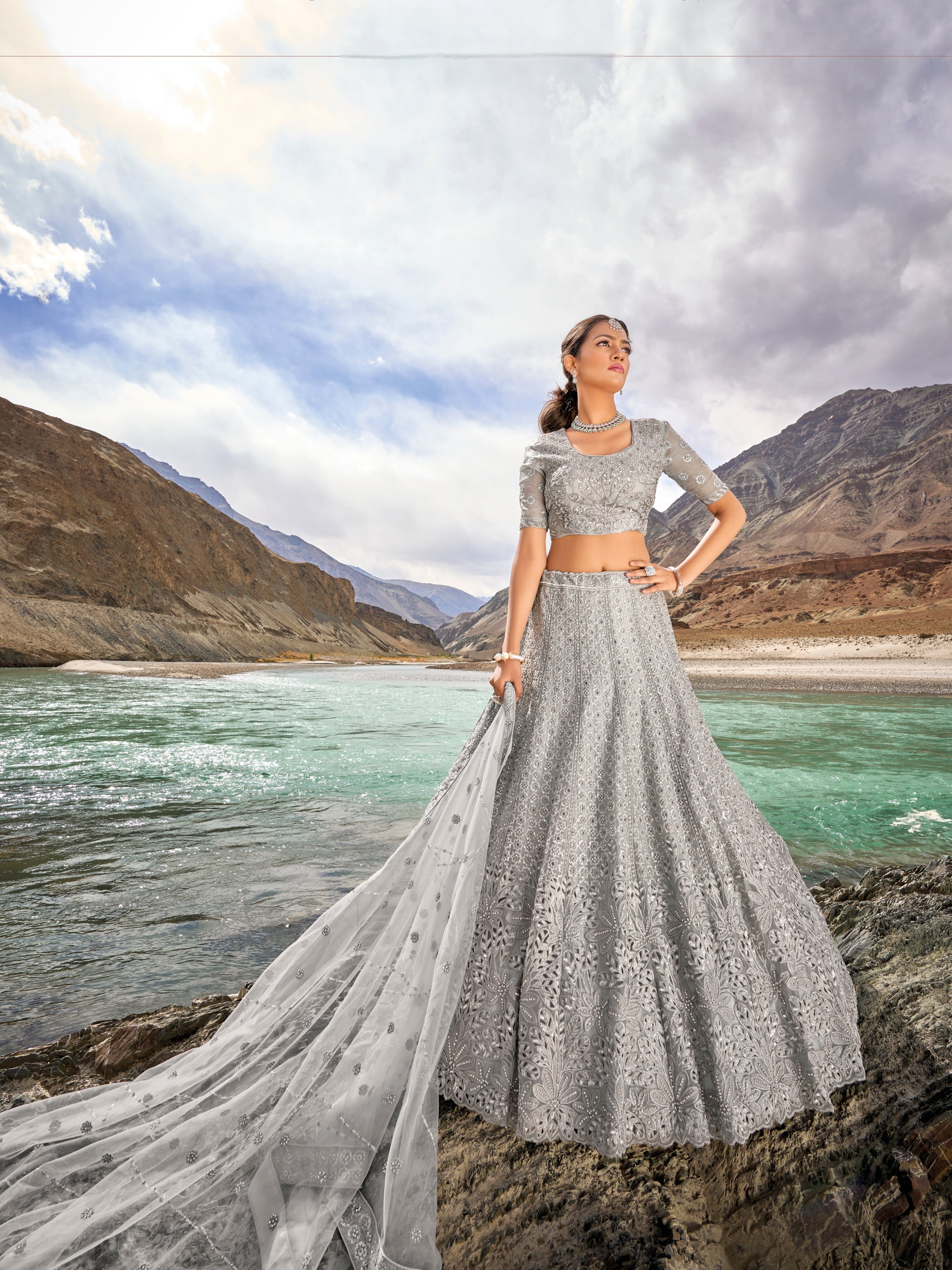 Silver Grey Organza Lehenga Choli with Mirror Work