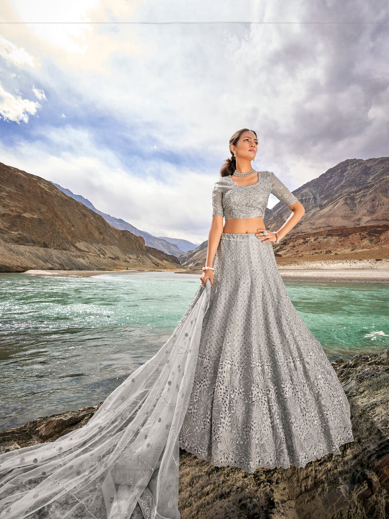 Silver Grey Organza Lehenga Choli with Mirror Work