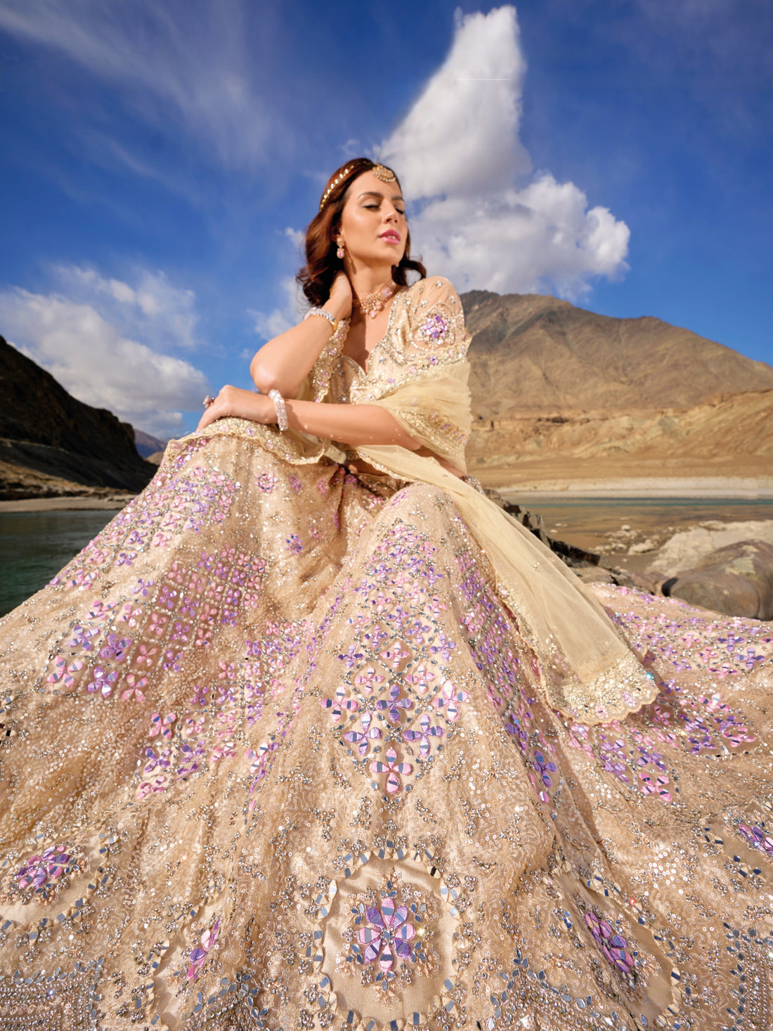 Beige and Purple Wedding Lehenga with Gold Mirror Work