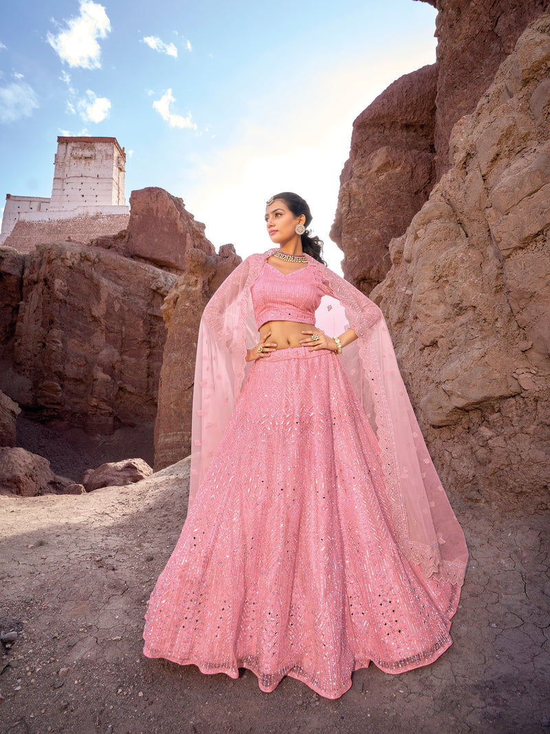 Blush pink lehenga with mirror and zarkan embroidery