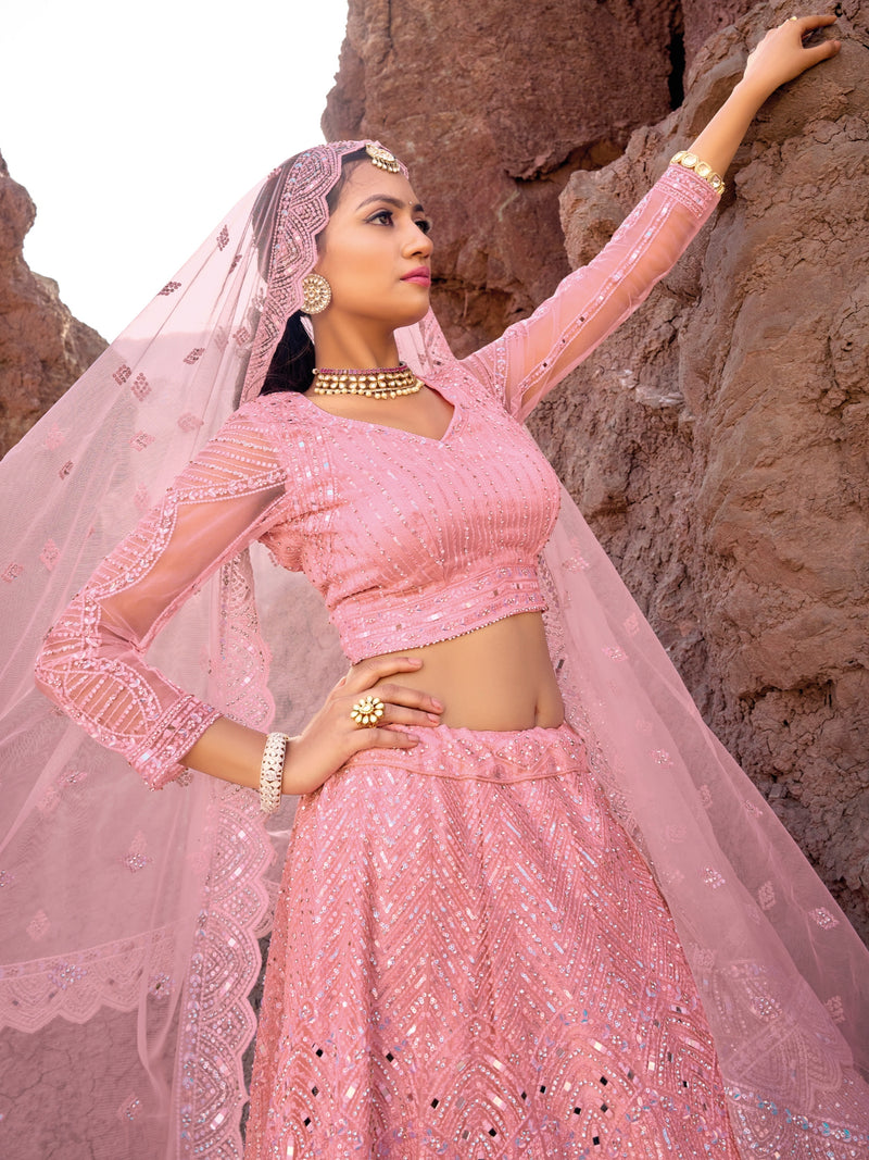 Bridal pink net lehenga for mehendi and sangeet