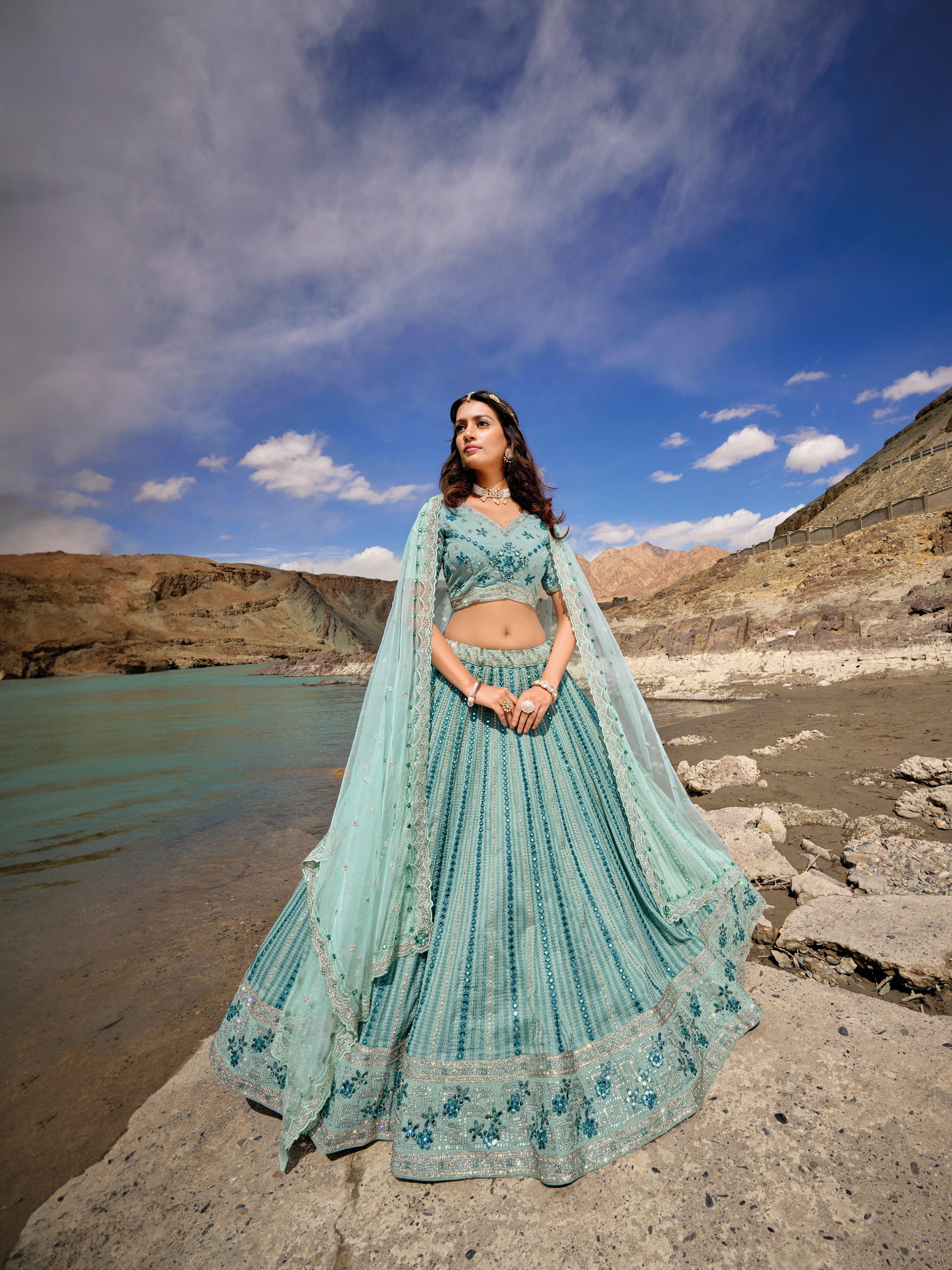 Pastel aqua blue georgette lehenga choli with mirror work