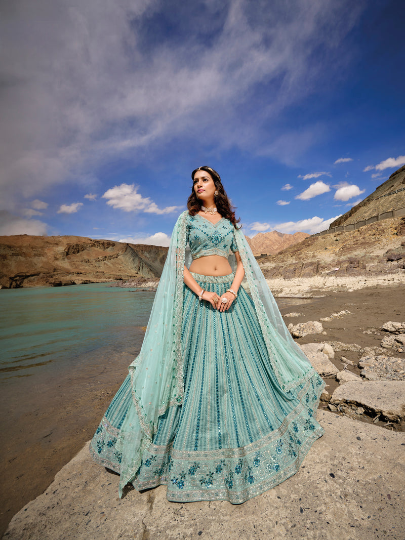 Pastel aqua blue georgette lehenga choli with mirror work