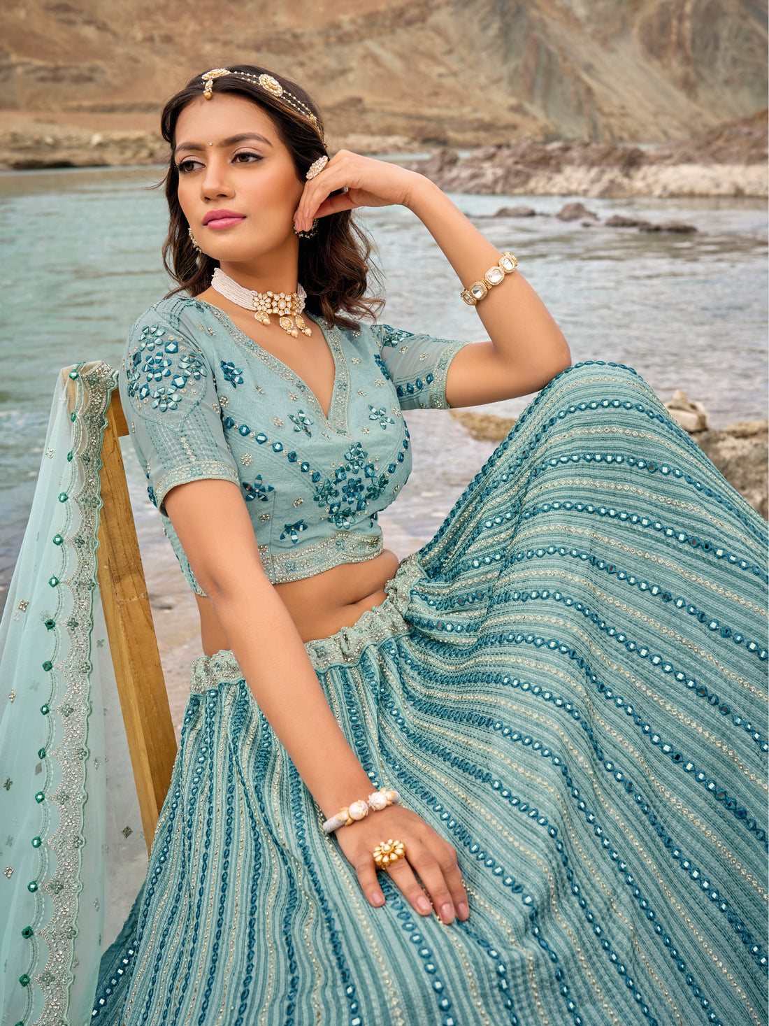 Pastel aqua blue georgette lehenga choli with mirror work