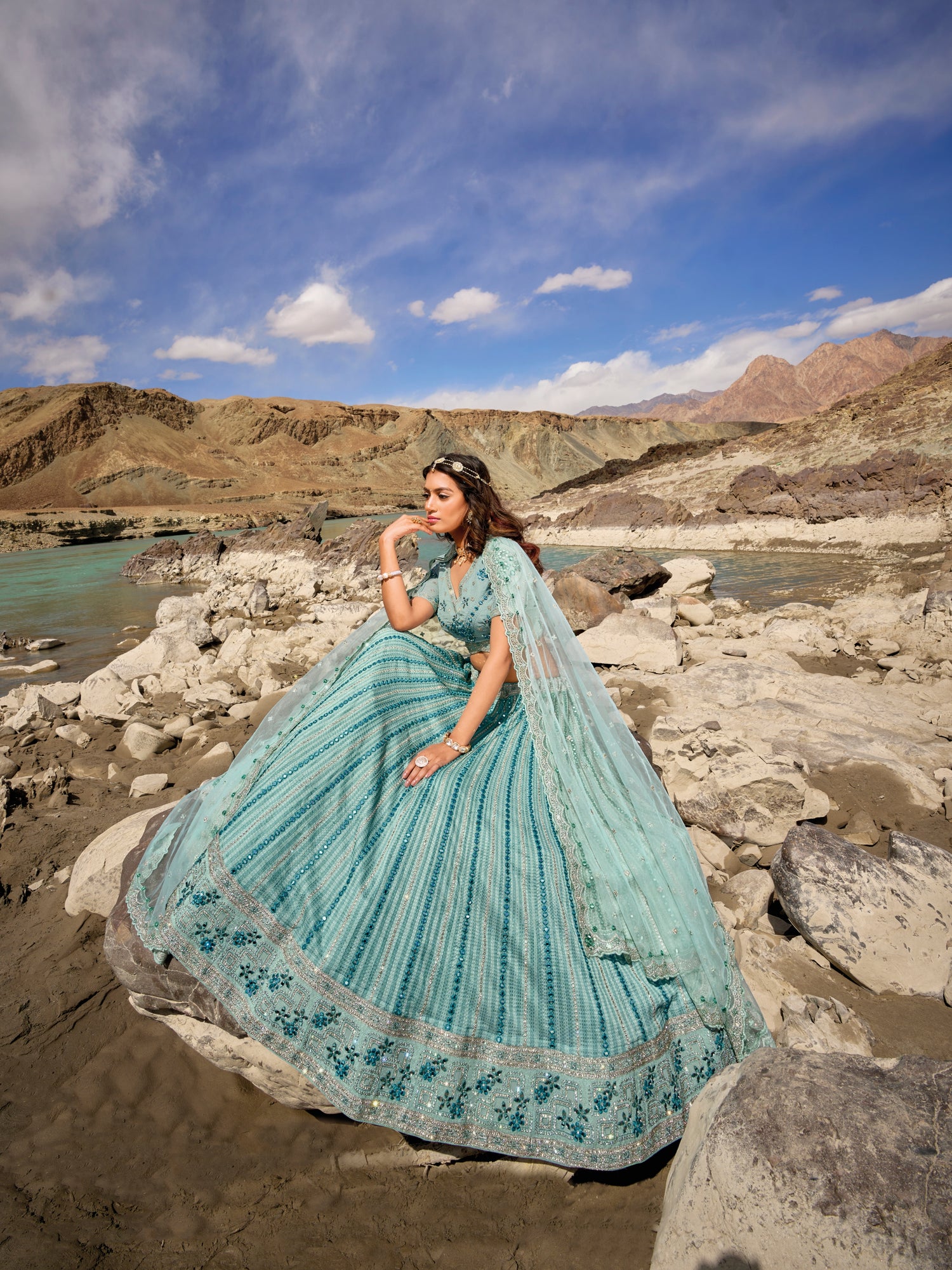 strapless open back dress Pastel Aqua Blue Georgette Lehenga Choli with Heavy Mirror Work