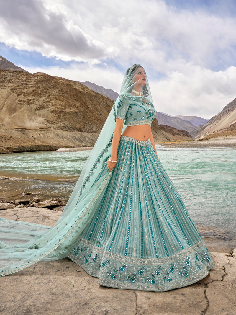 Zarkan and cutwork embroidered lehenga in aqua shade