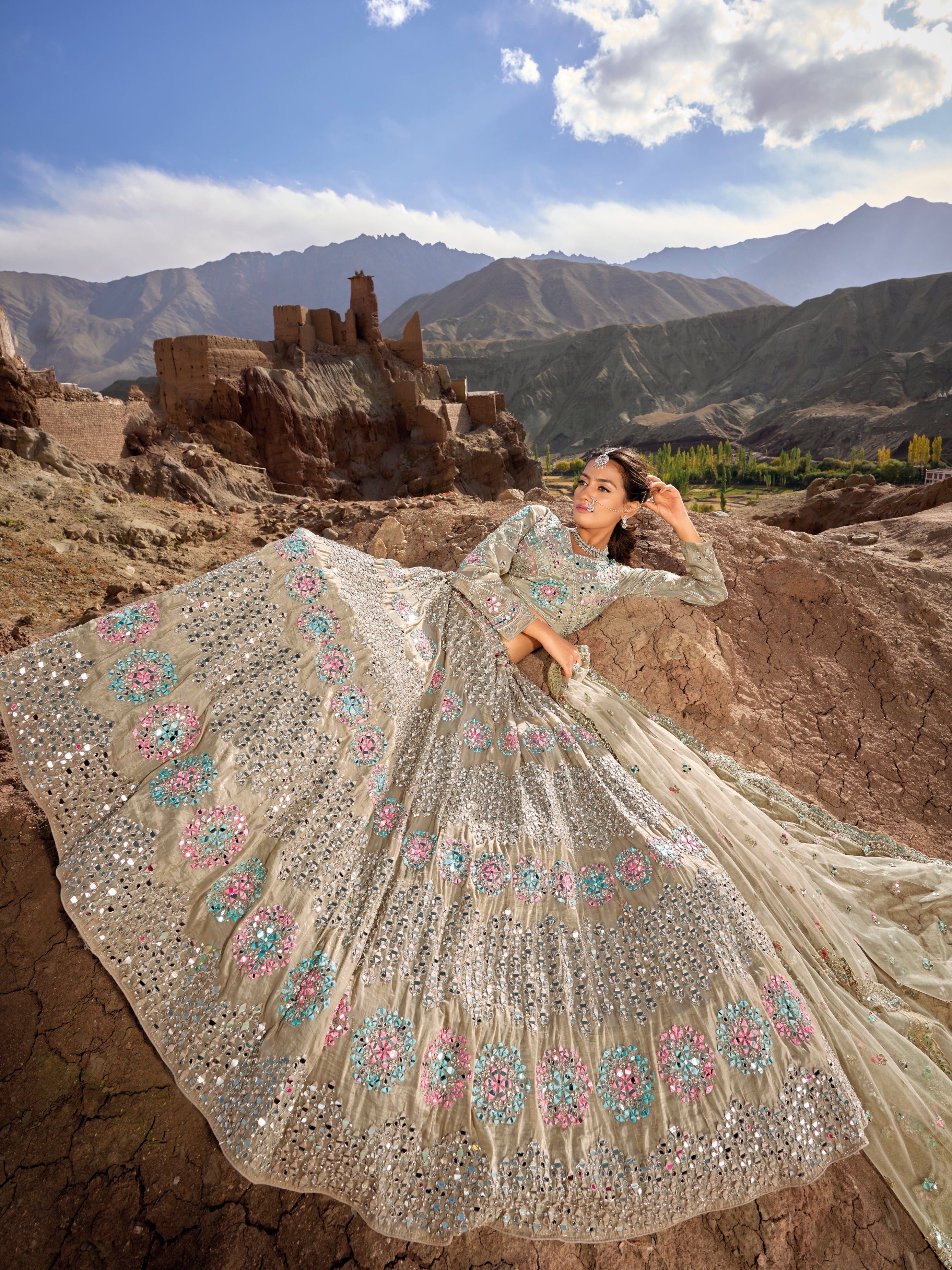 Elegant beige lehenga choli for bride with net dupatta