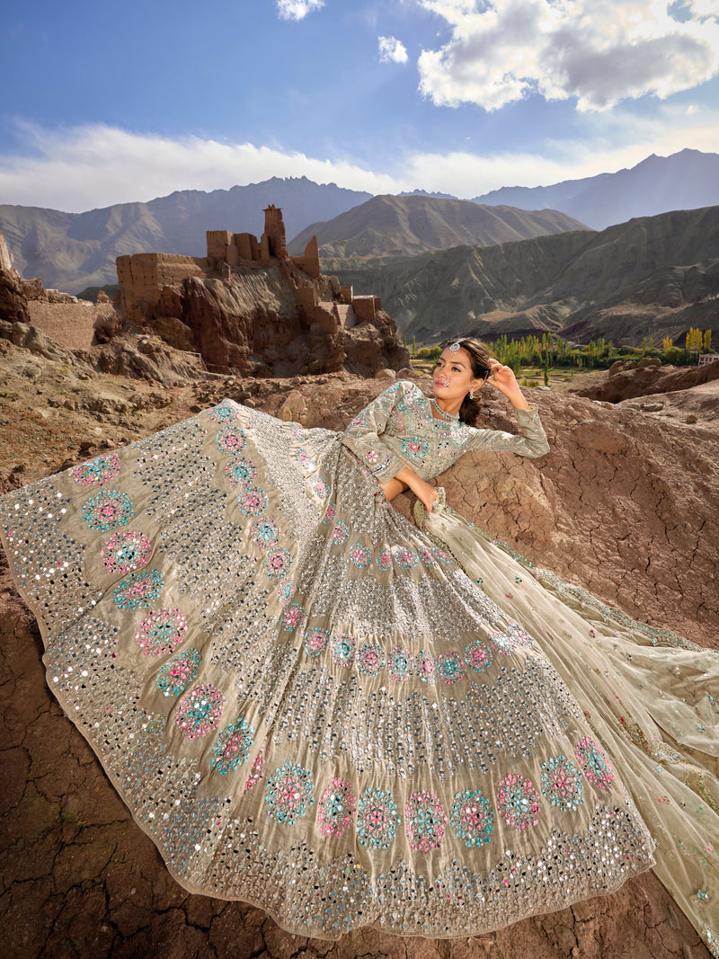 Elegant beige lehenga choli for bride with net dupatta