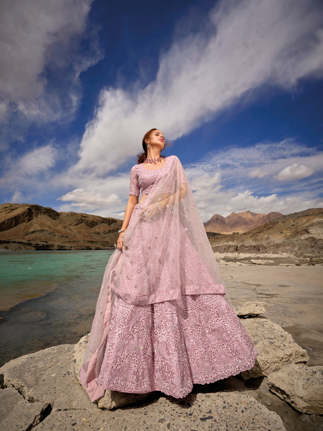 Lilac organza bridal lehenga choli with mirror and zarkan work