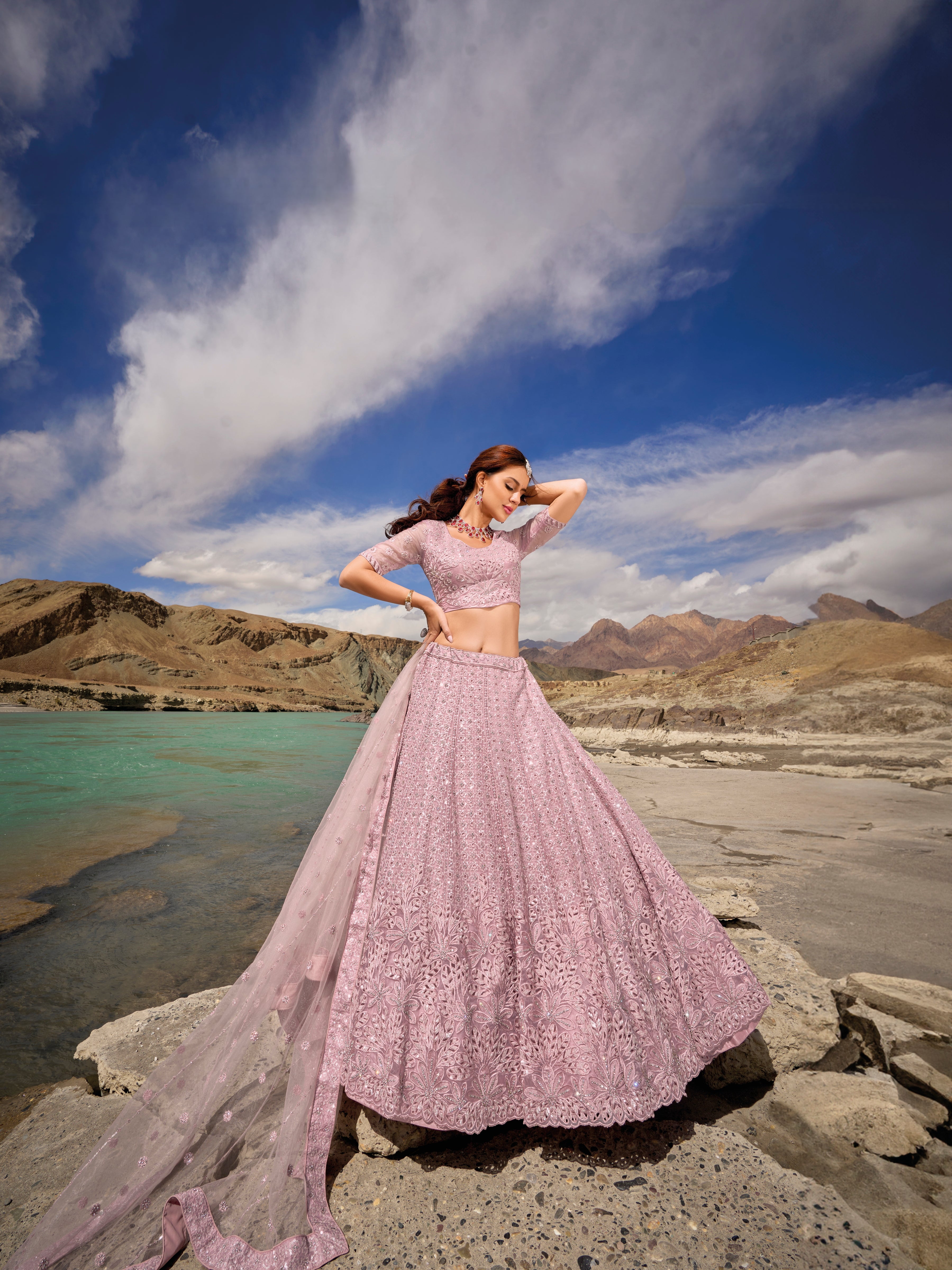Lilac organza bridal lehenga choli with mirror and zarkan work