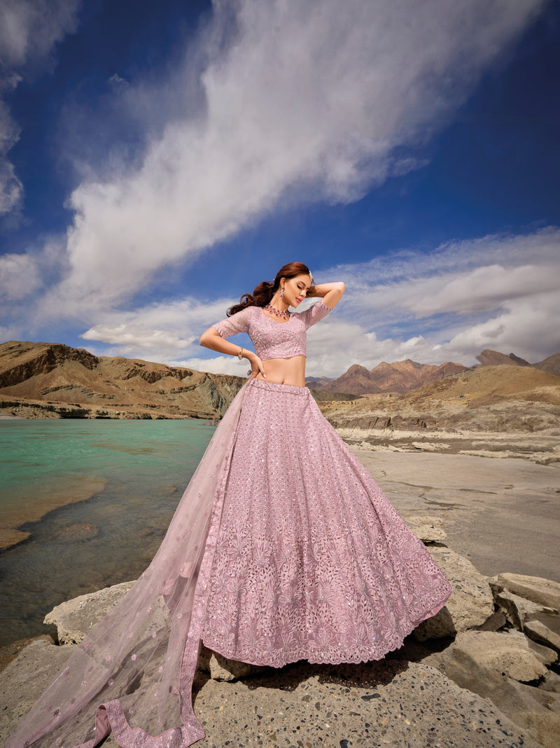 Lilac organza bridal lehenga choli with mirror and zarkan work