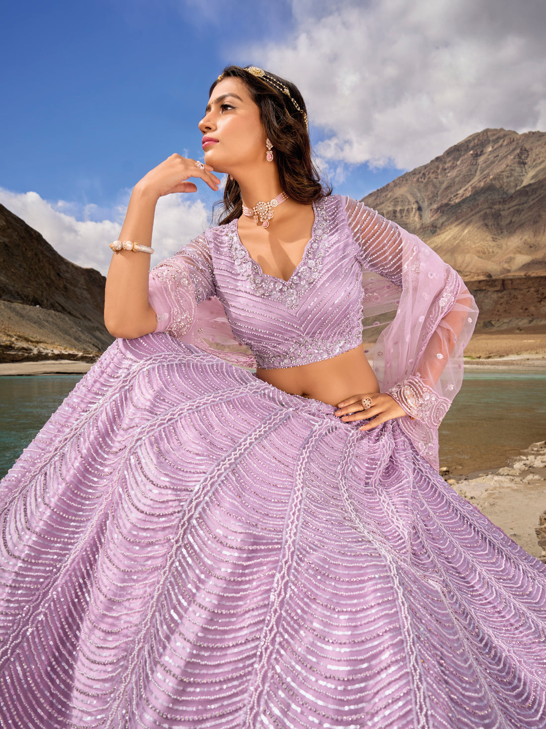 Lavender bridal lehenga with heavy mirror and zarkan embroidery