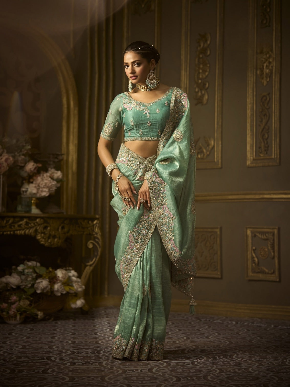 Designer silk bridal saree in mint green