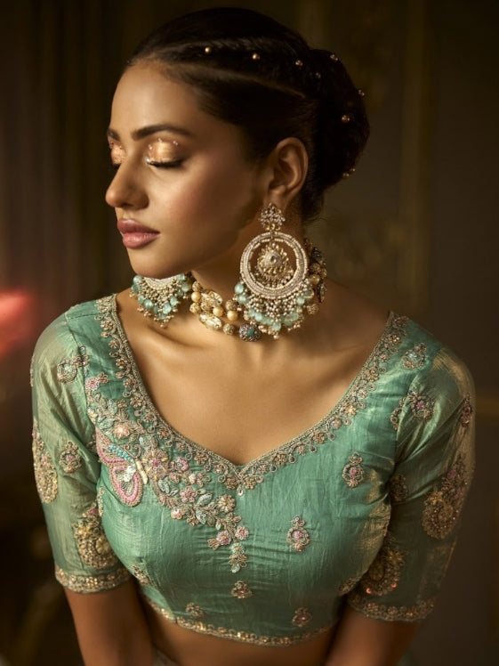 Pastel green khaatli handwork wedding saree