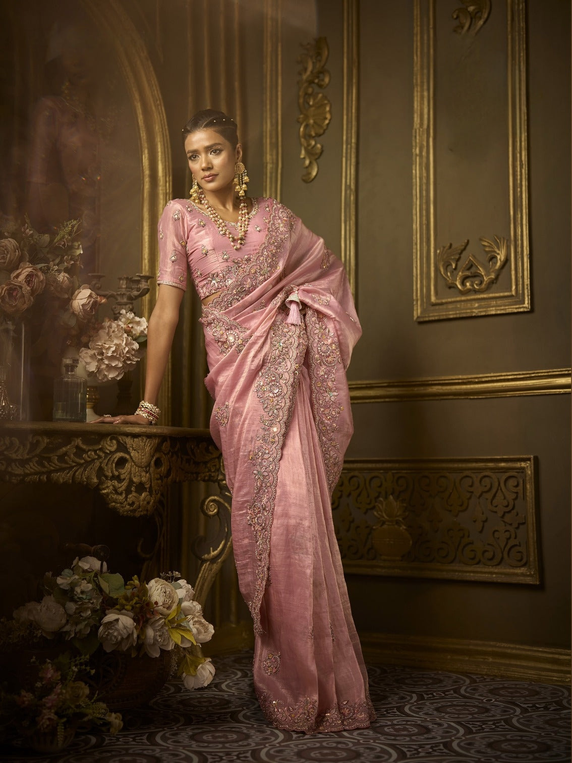 Blush pink golden silk bridal saree with hand embroidery